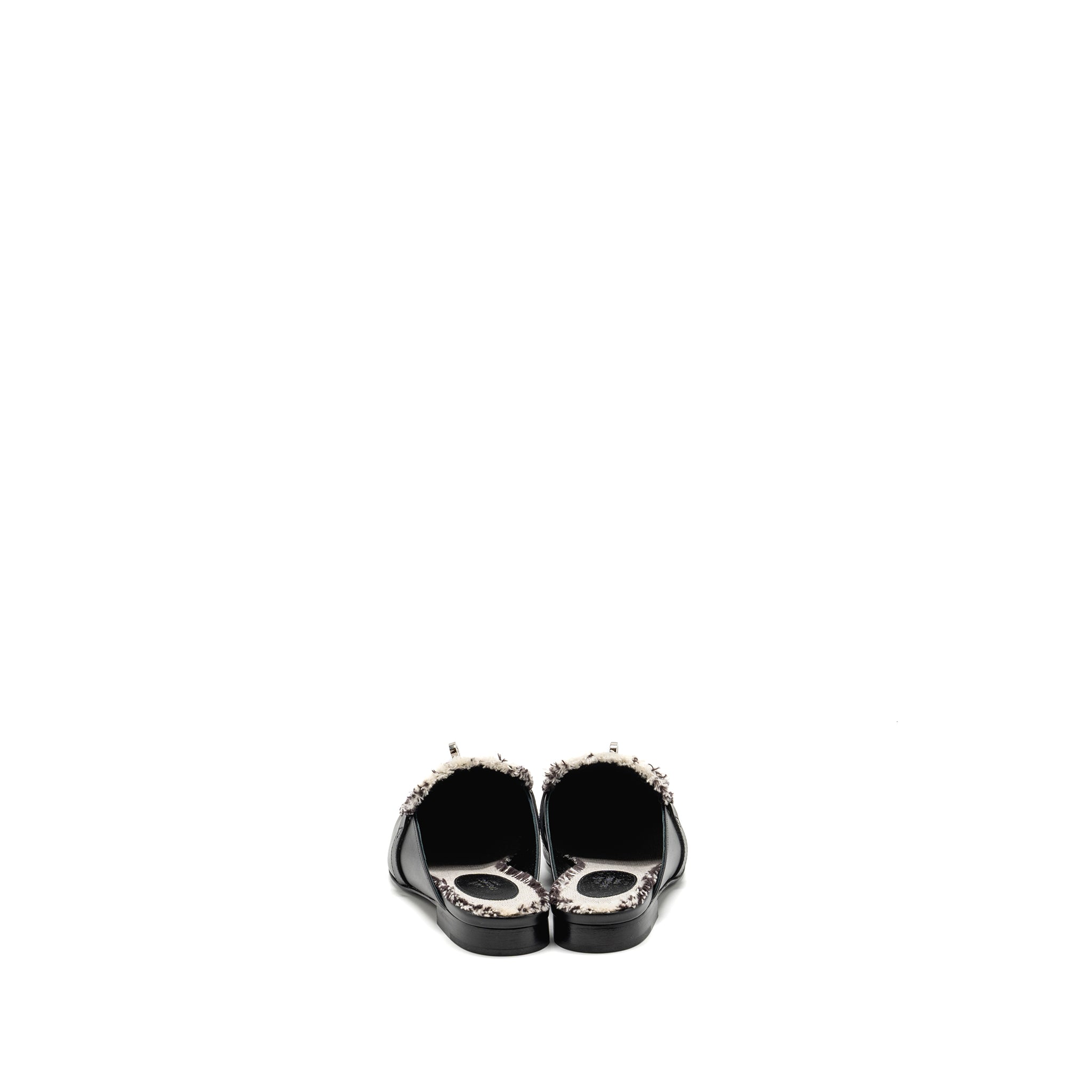 HERMES OZ MULE FRINGED CANVAS / CALFSKIN BLACK / BEIGE SHW