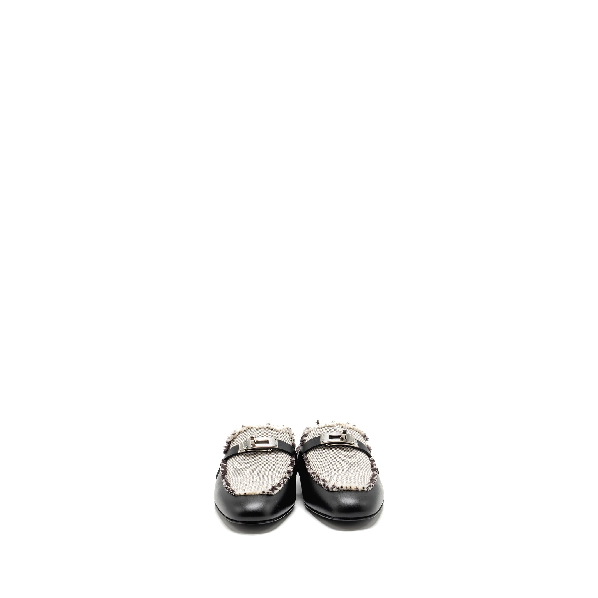 HERMES OZ MULE FRINGED CANVAS / CALFSKIN BLACK / BEIGE SHW