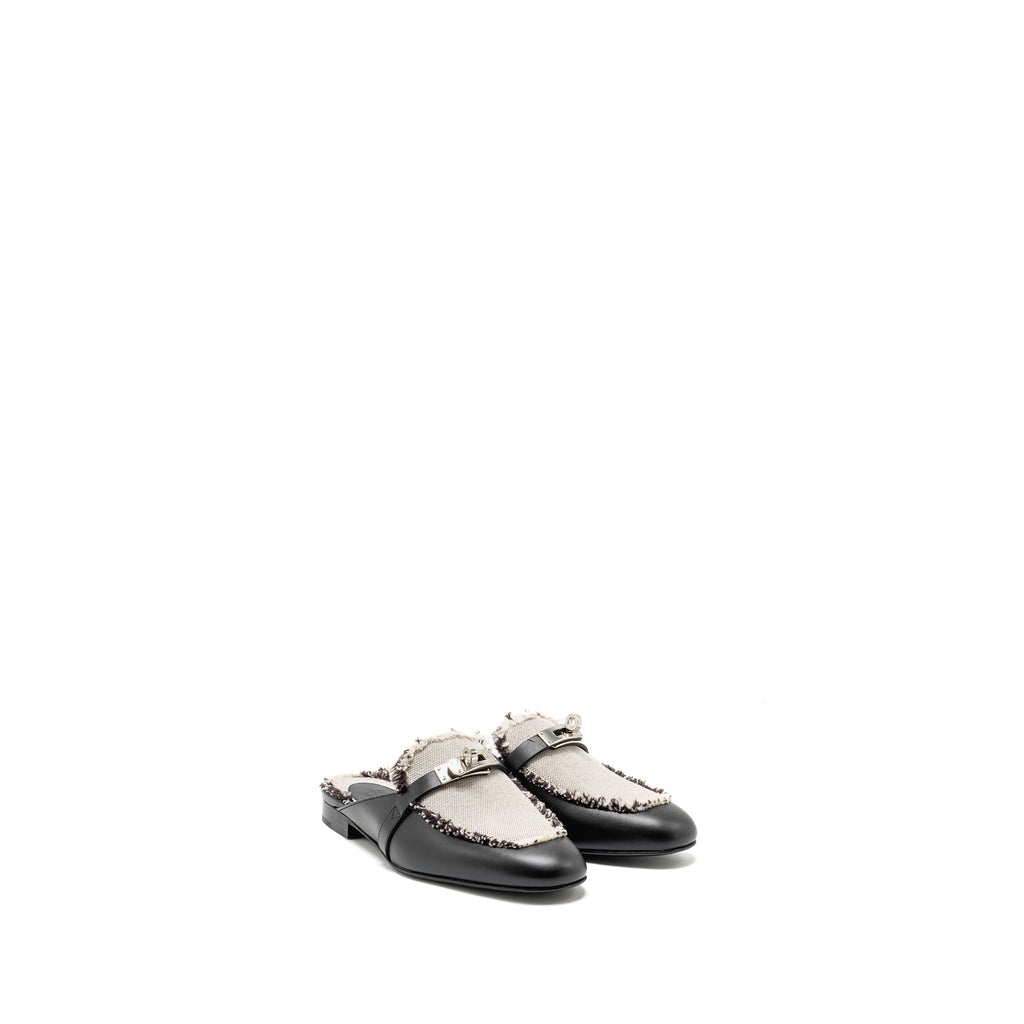 HERMES OZ MULE FRINGED CANVAS / CALFSKIN BLACK / BEIGE SHW