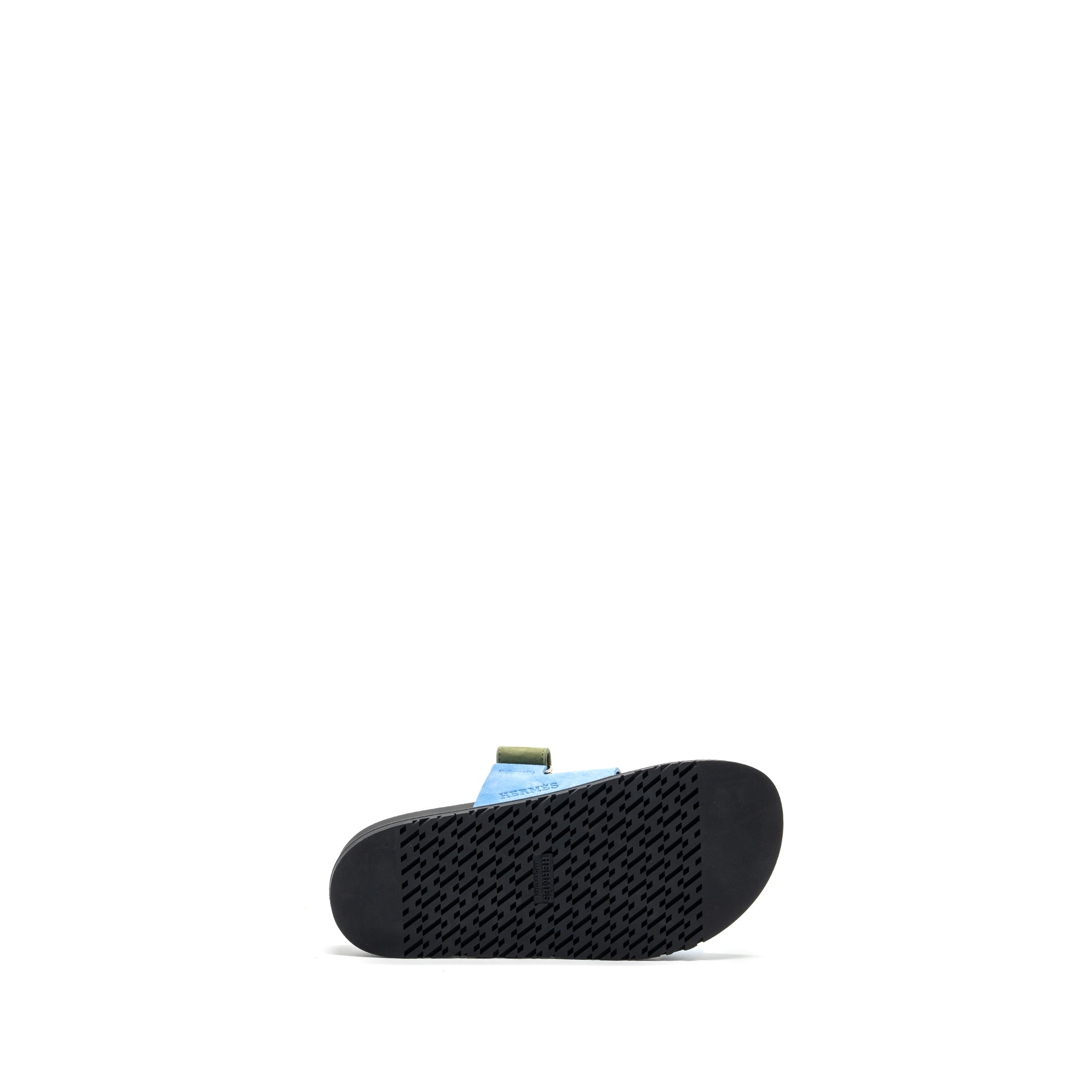 HERMES CHYPRE SANDALS CHÈVRE VELOURS BLEU CAMEO / VERT CELADON