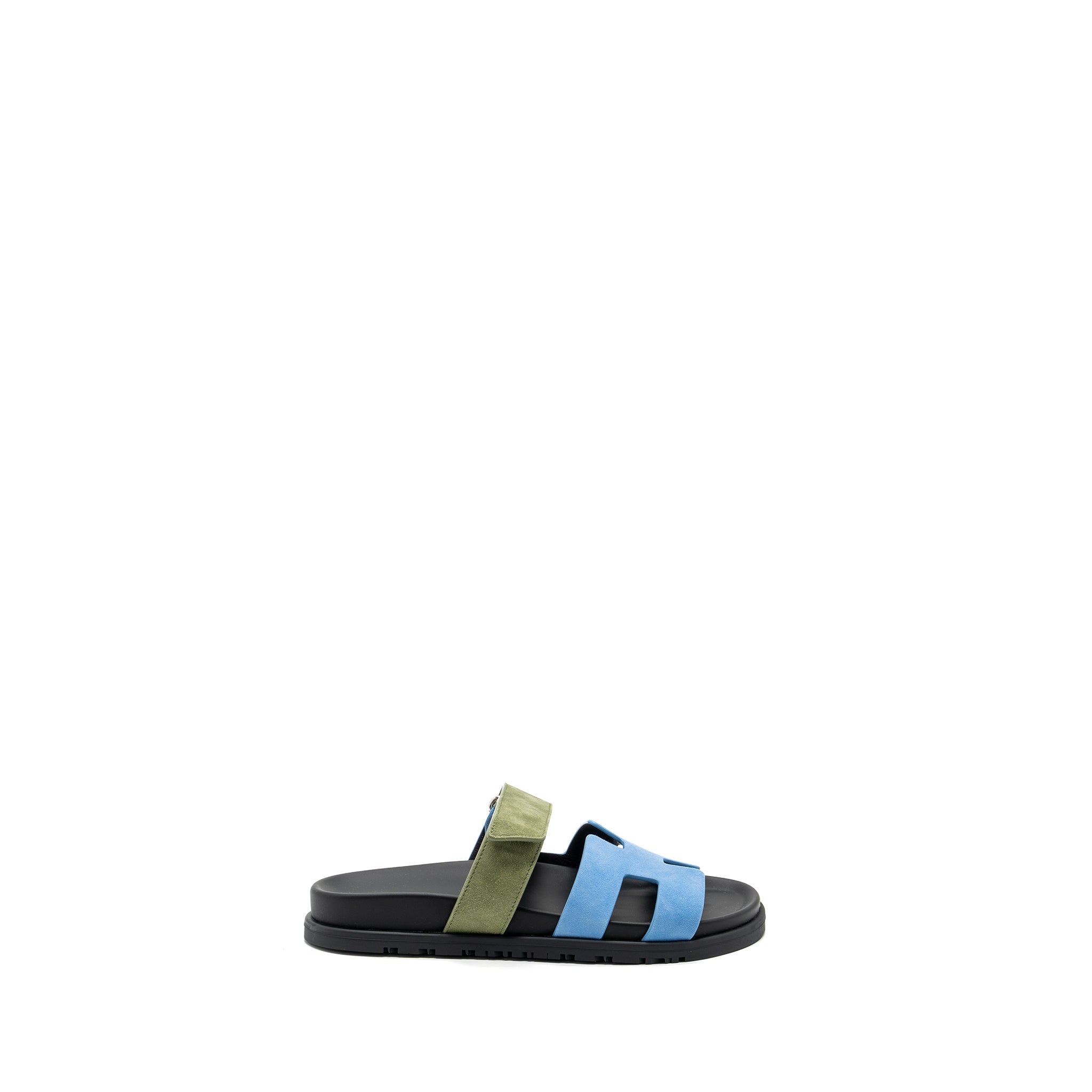 HERMES CHYPRE SANDALS CHÈVRE VELOURS BLEU CAMEO / VERT CELADON
