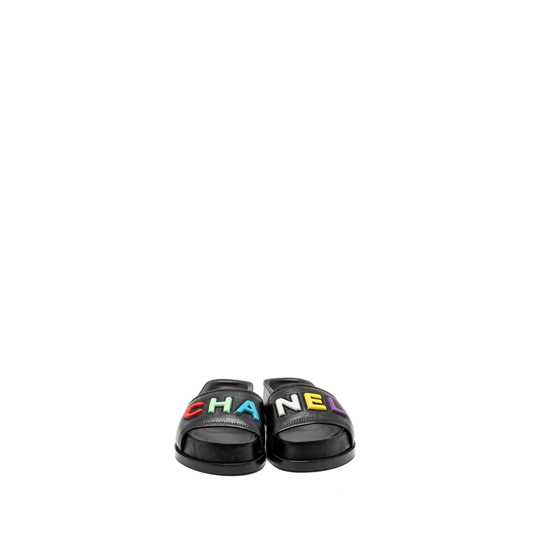 CHANEL LOGO LETTERS SANDALS/MULES LAMBSKIN BLACK/ MULTICOLOUR
