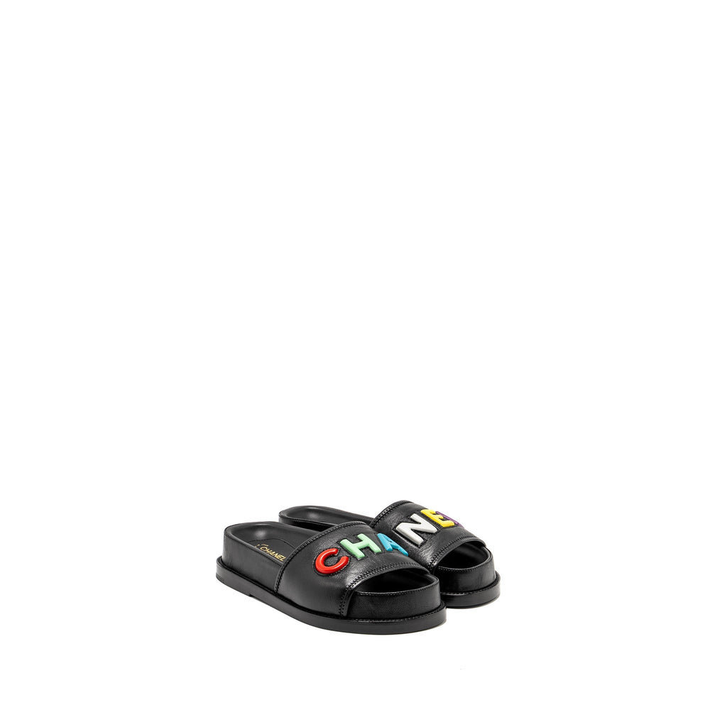 CHANEL LOGO LETTERS SANDALS/MULES LAMBSKIN BLACK/ MULTICOLOUR