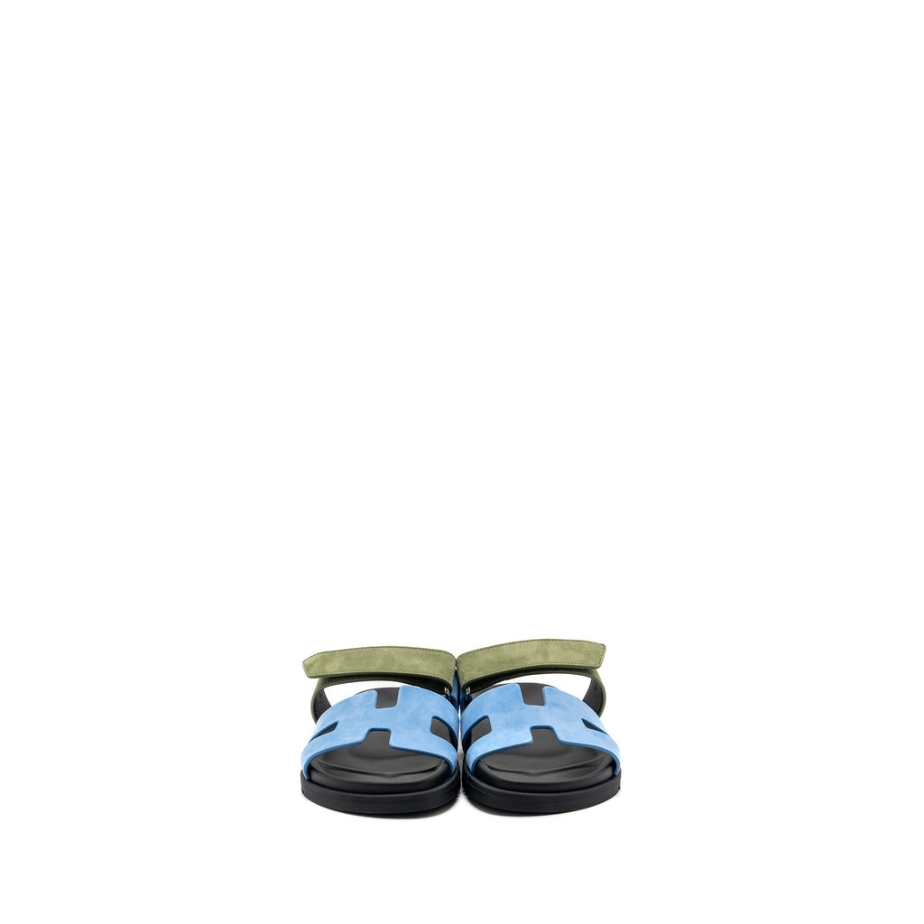 HERMES CHYPRE SANDALS CHÈVRE VELOURS BLEU CAMEO / VERT CELADON