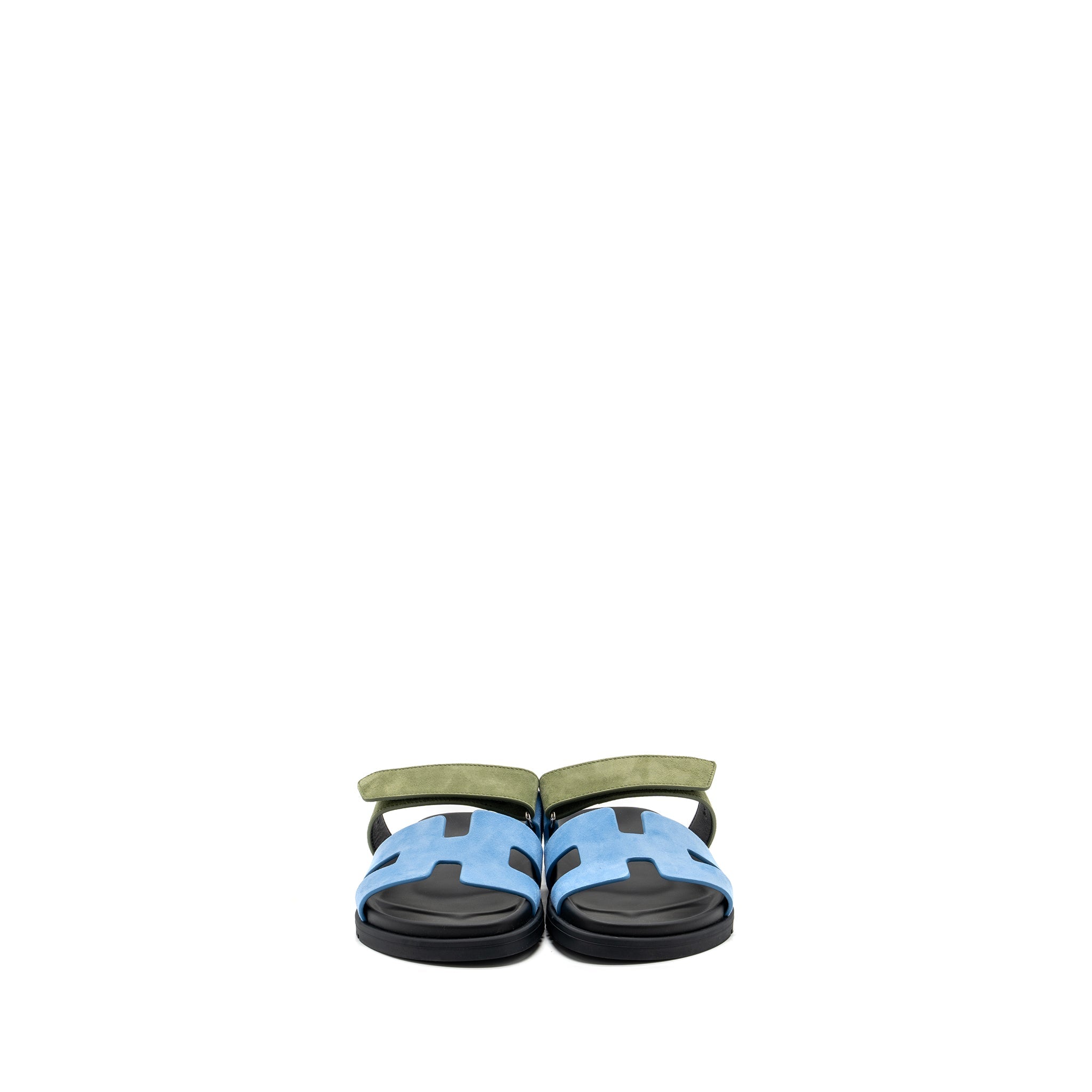 HERMES CHYPRE SANDALS CHÈVRE VELOURS BLEU CAMEO / VERT CELADON