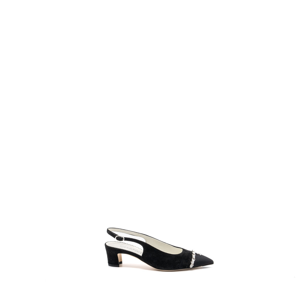 CHANEL SLINGS SHOES SUEDE CALFSKIN/ GROSGRAIN METAL BLACK AND LIGHT GREY