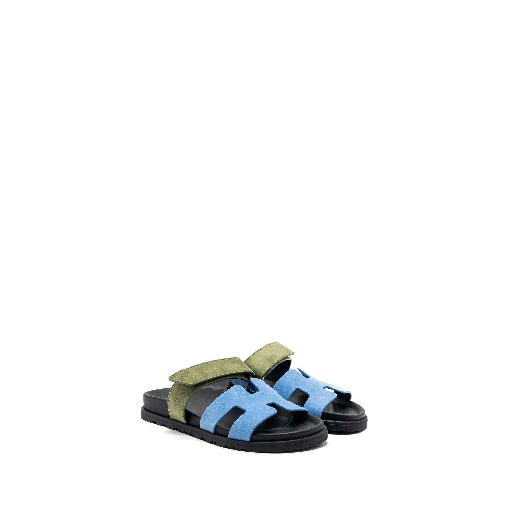 HERMES CHYPRE SANDALS CHÈVRE VELOURS BLEU CAMEO / VERT CELADON