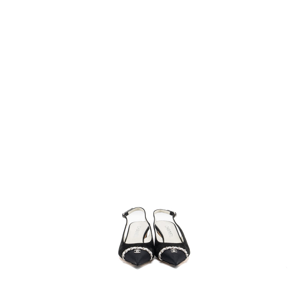 CHANEL SLINGS SHOES SUEDE CALFSKIN/ GROSGRAIN METAL BLACK AND LIGHT GREY