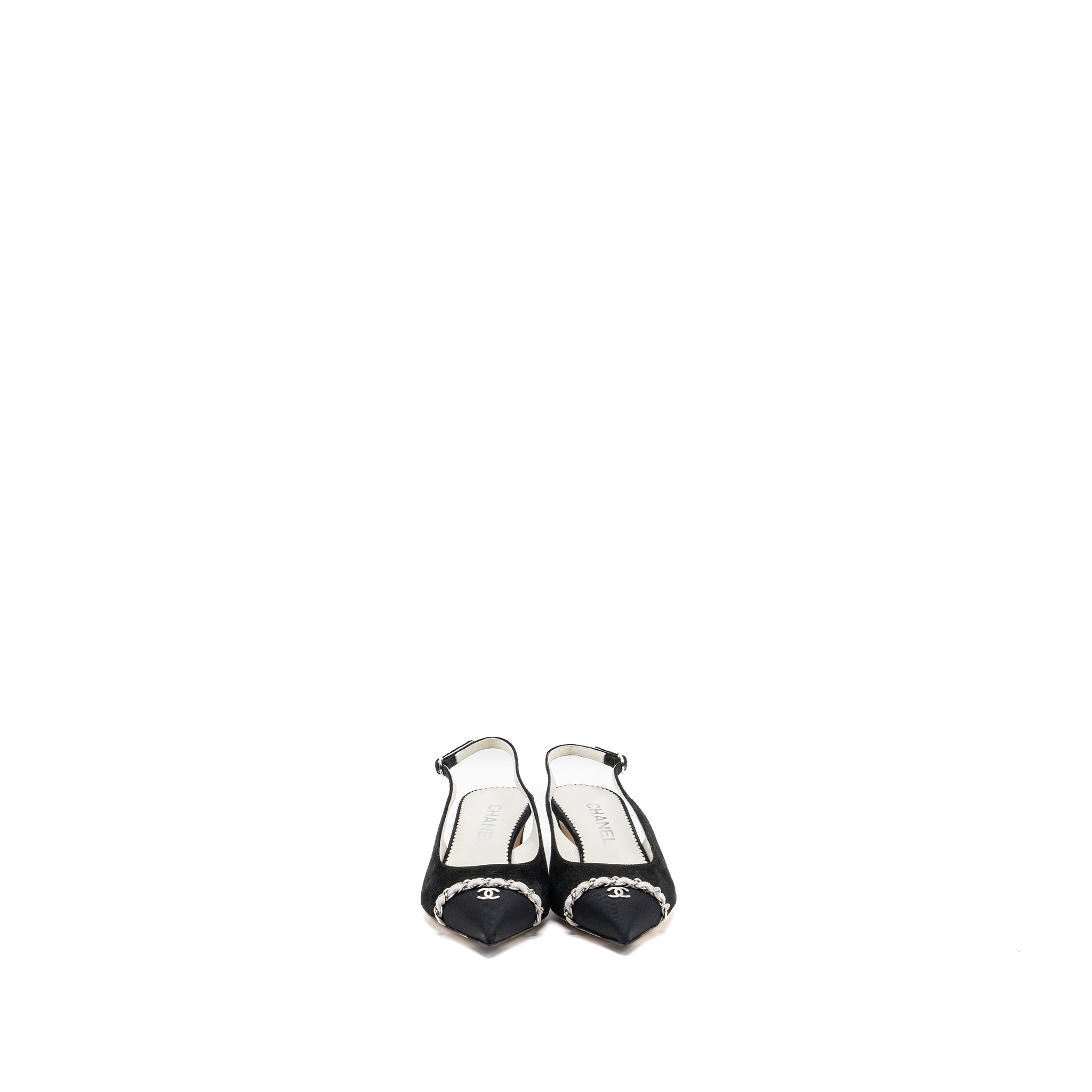 CHANEL SLINGS SHOES SUEDE CALFSKIN/ GROSGRAIN METAL BLACK AND LIGHT GREY