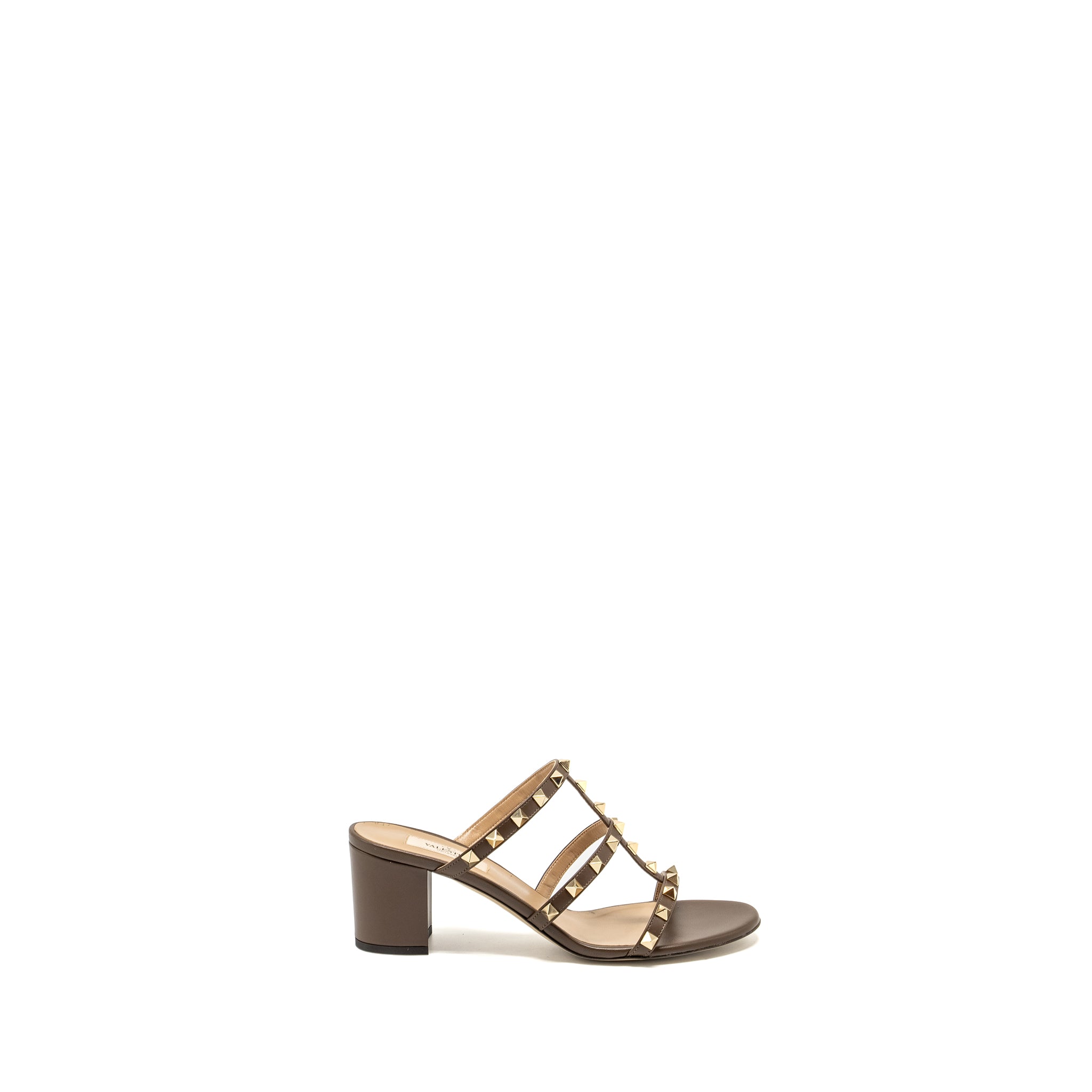 VALENTINO GARAVANI ROCKSTUD SLIDE SANDALS CALFSKIN BROWN