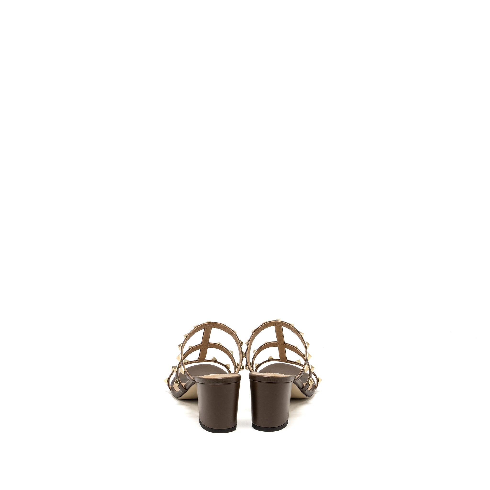 VALENTINO GARAVANI ROCKSTUD SLIDE SANDALS CALFSKIN BROWN