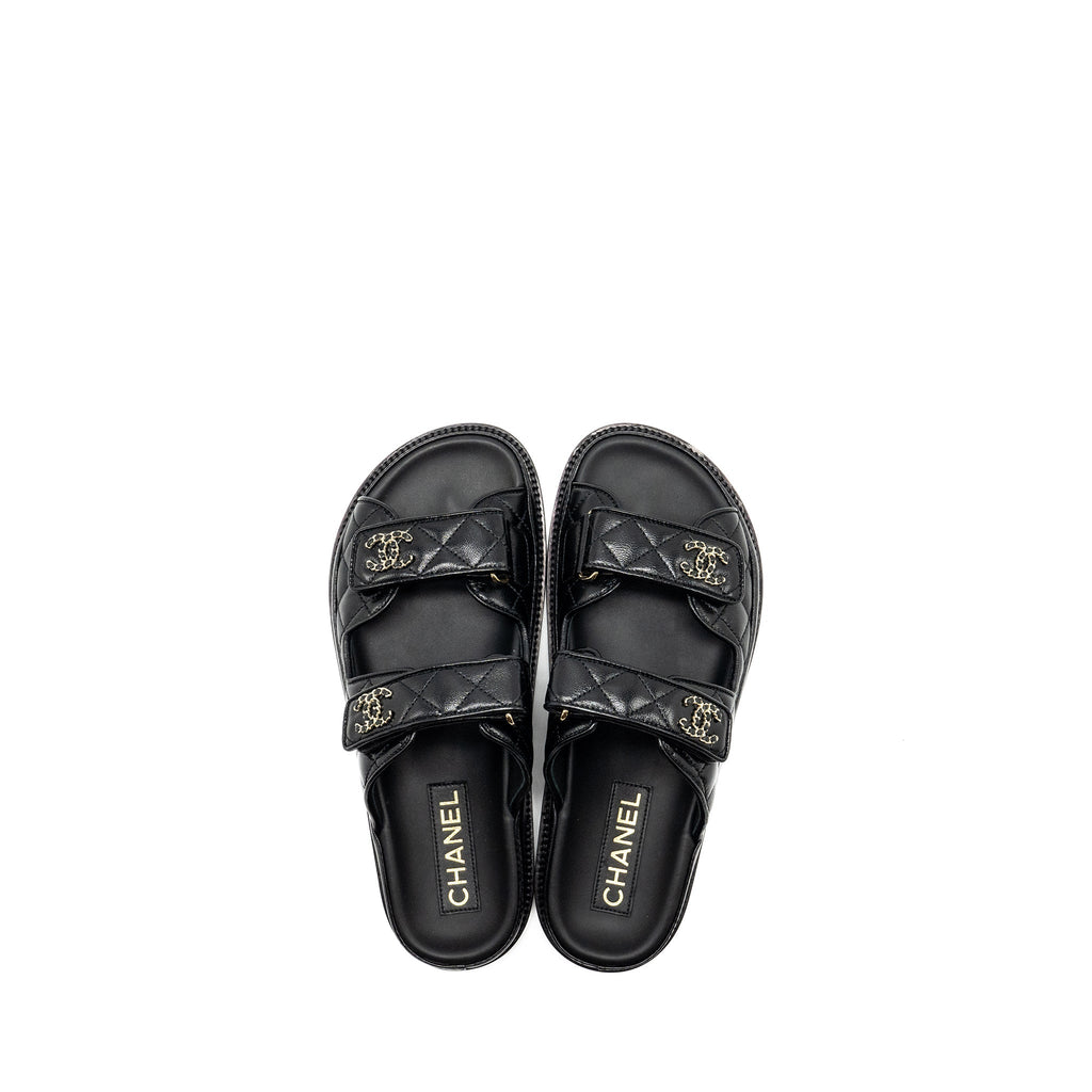 CHANEL CC LOGO DAD SANDALS LEATHER BLACK LIGHT GOLD TONE