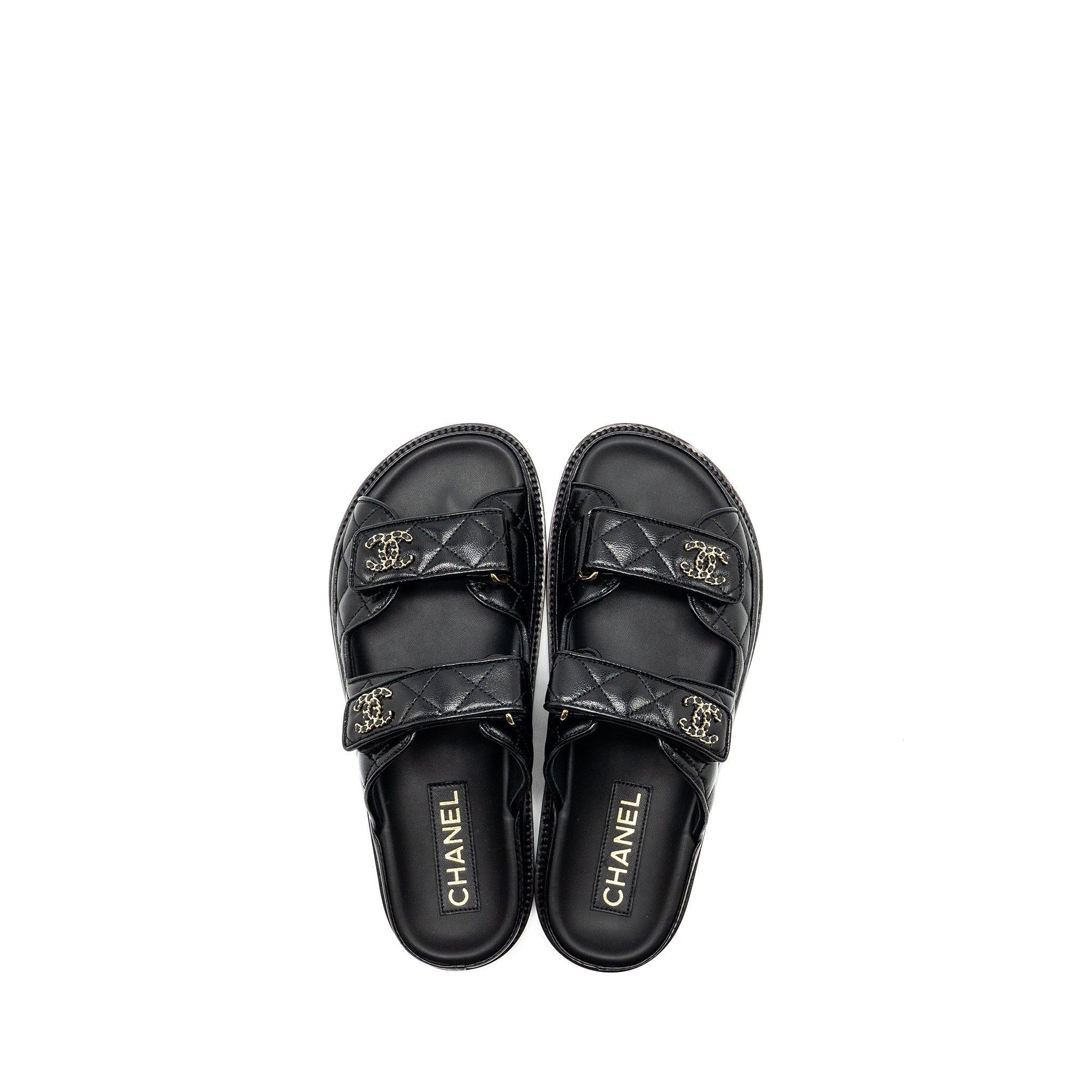 CHANEL CC LOGO DAD SANDALS LEATHER BLACK LIGHT GOLD TONE