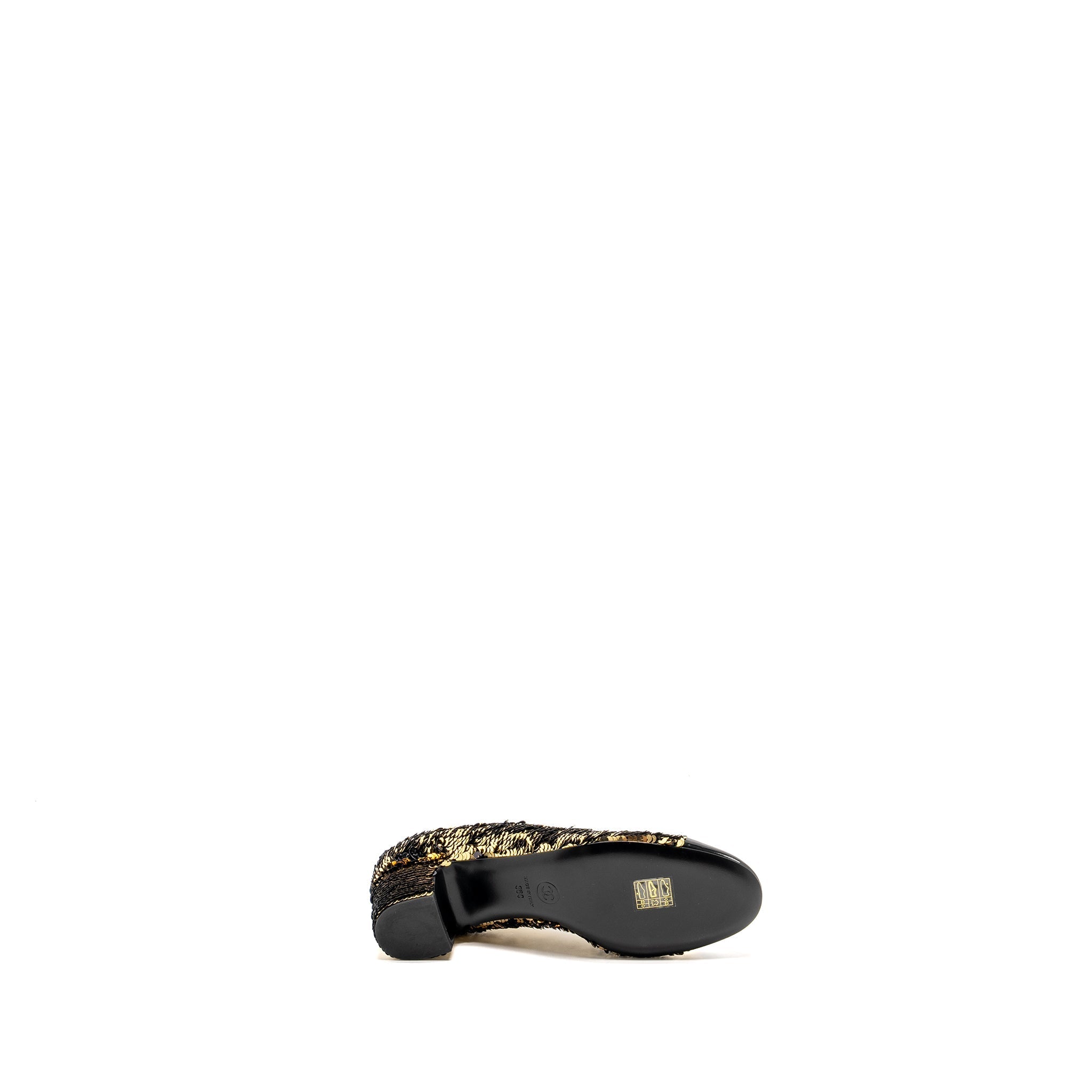 CHANEL 21K PUMPS SEQUINS/PATENT GOLD/BLACK