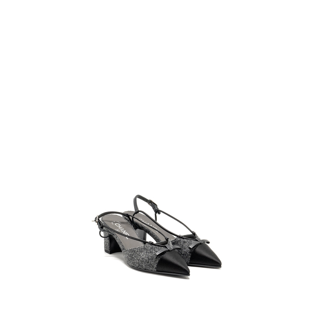 CHANEL CAP TOE CC SLINGBACK PUMPS TWEED GREY/BLACK