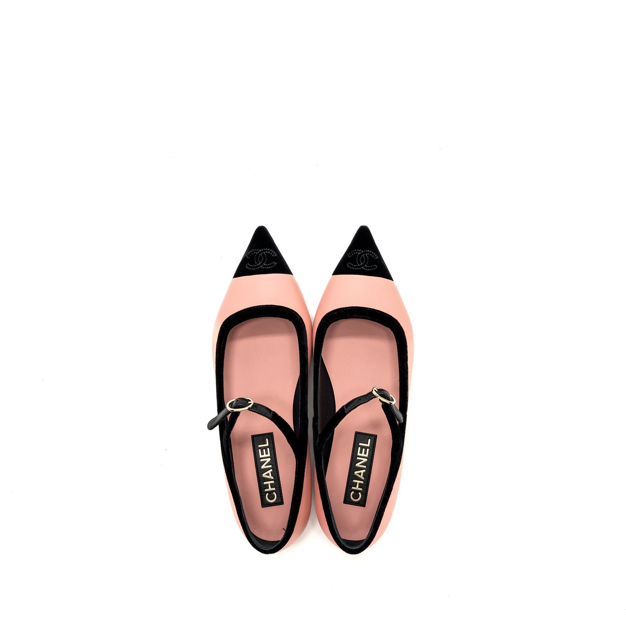 CHANEL 22K MERY JANES SHOES LAMBSKIN / VELVET PINK / BLACK LGHW