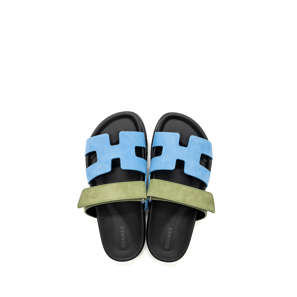 HERMES CHYPRE SANDALS CHÈVRE VELOURS BLEU CAMEO / VERT CELADON