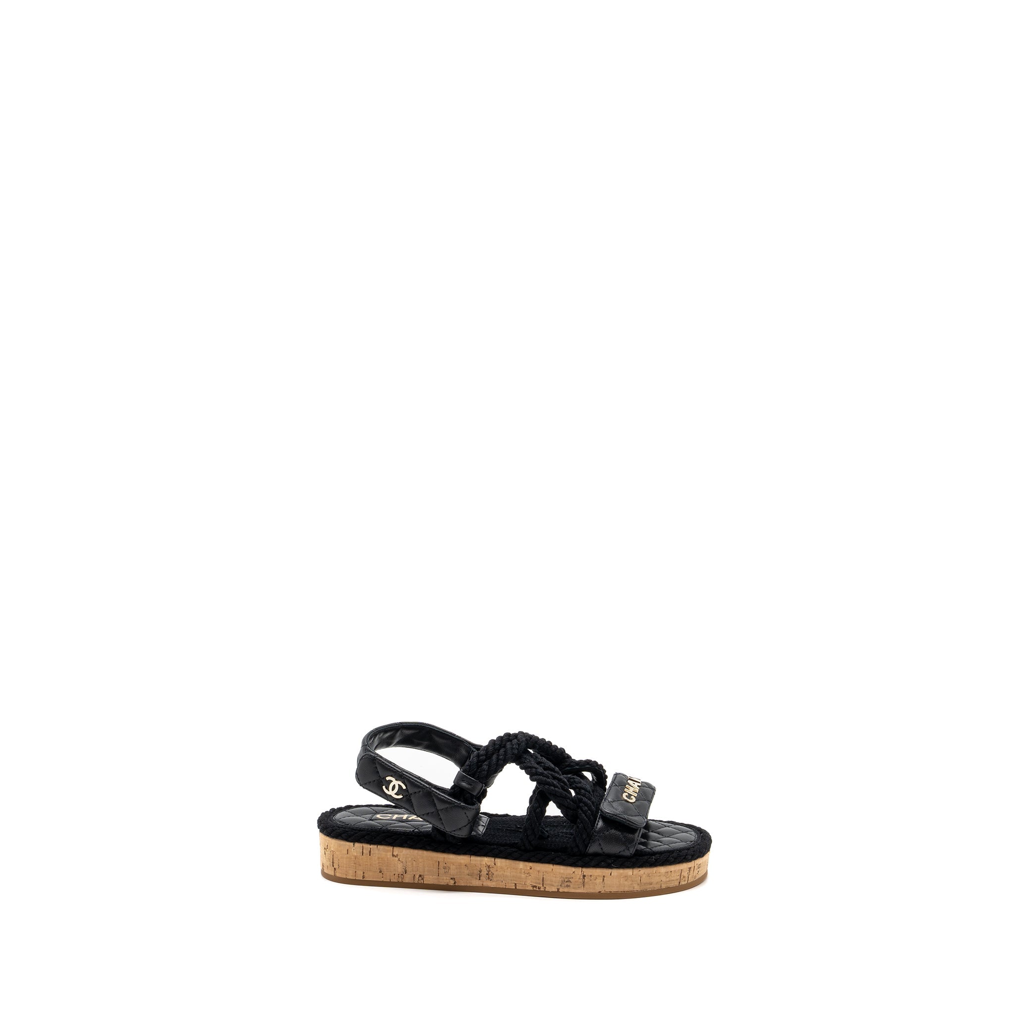 CHANEL 21S QUILTED LETTER SANDALS BLACK SHW