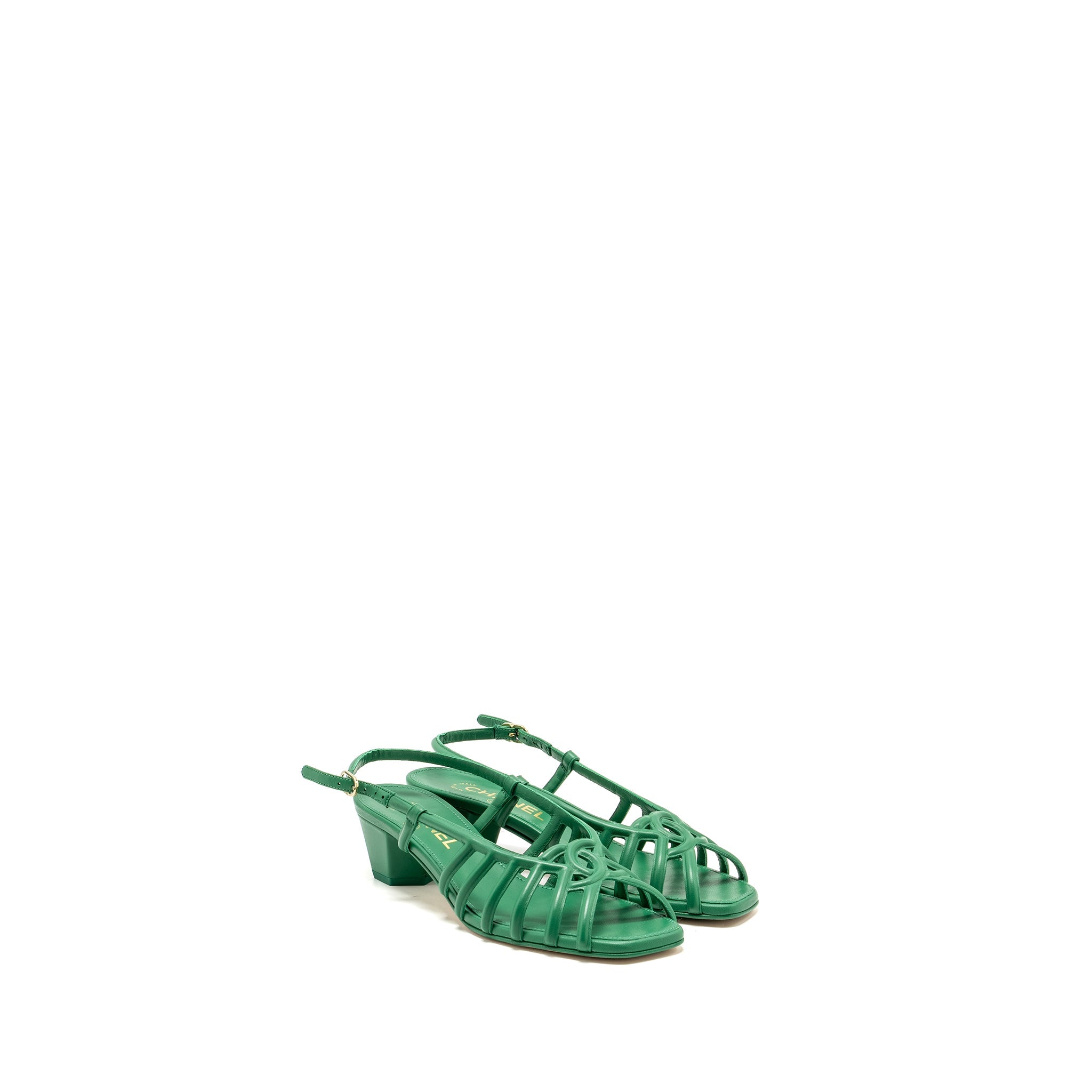 CHANEL 22B CC LOGO SANDALS LAMBSKIN GREEN SHW