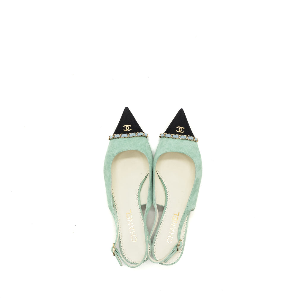 CHANEL 23P SLINGBACKS SUEDE /CALFSKIN LIGHT BLUE / BLACK LGHW