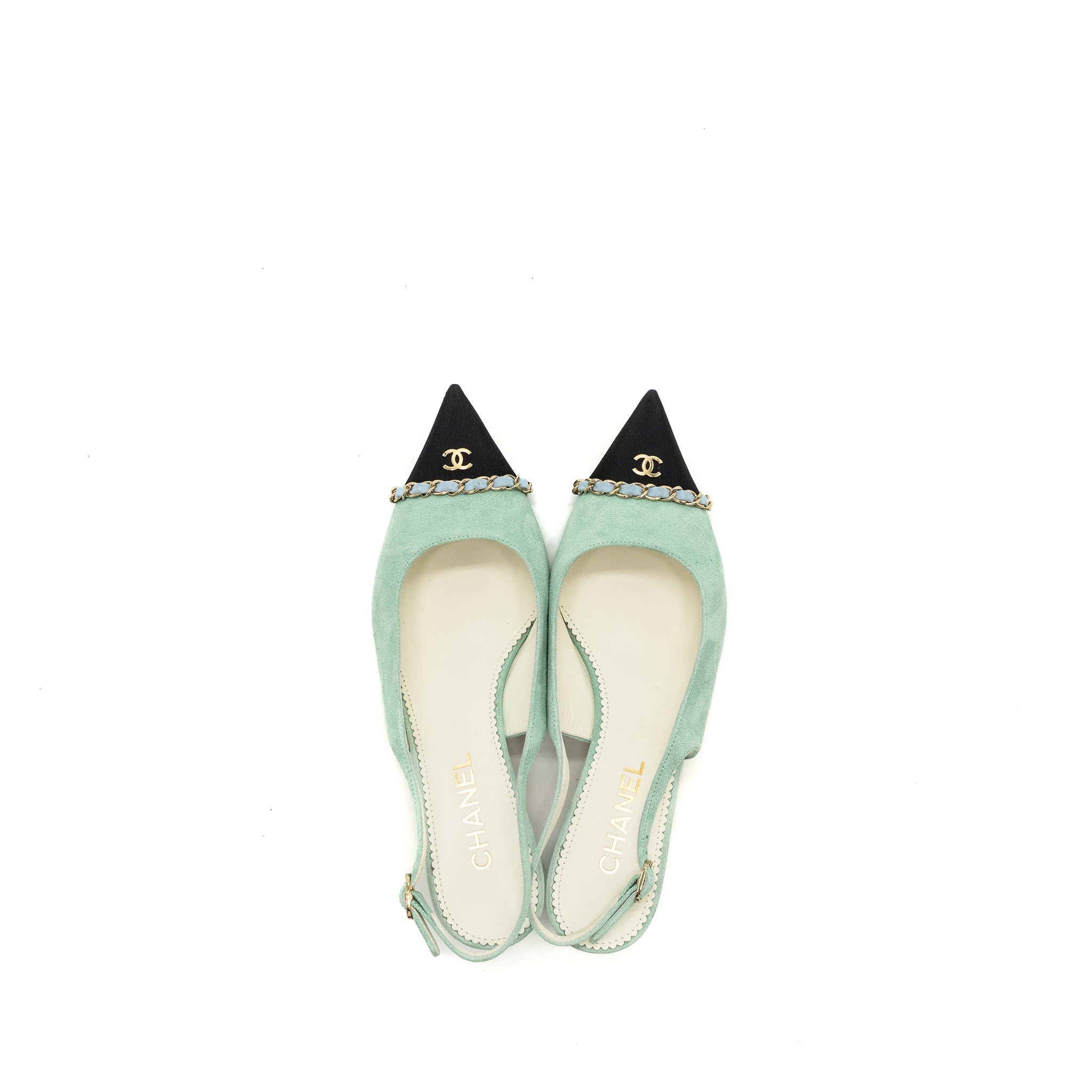 CHANEL 23P SLINGBACKS SUEDE /CALFSKIN LIGHT BLUE / BLACK LGHW