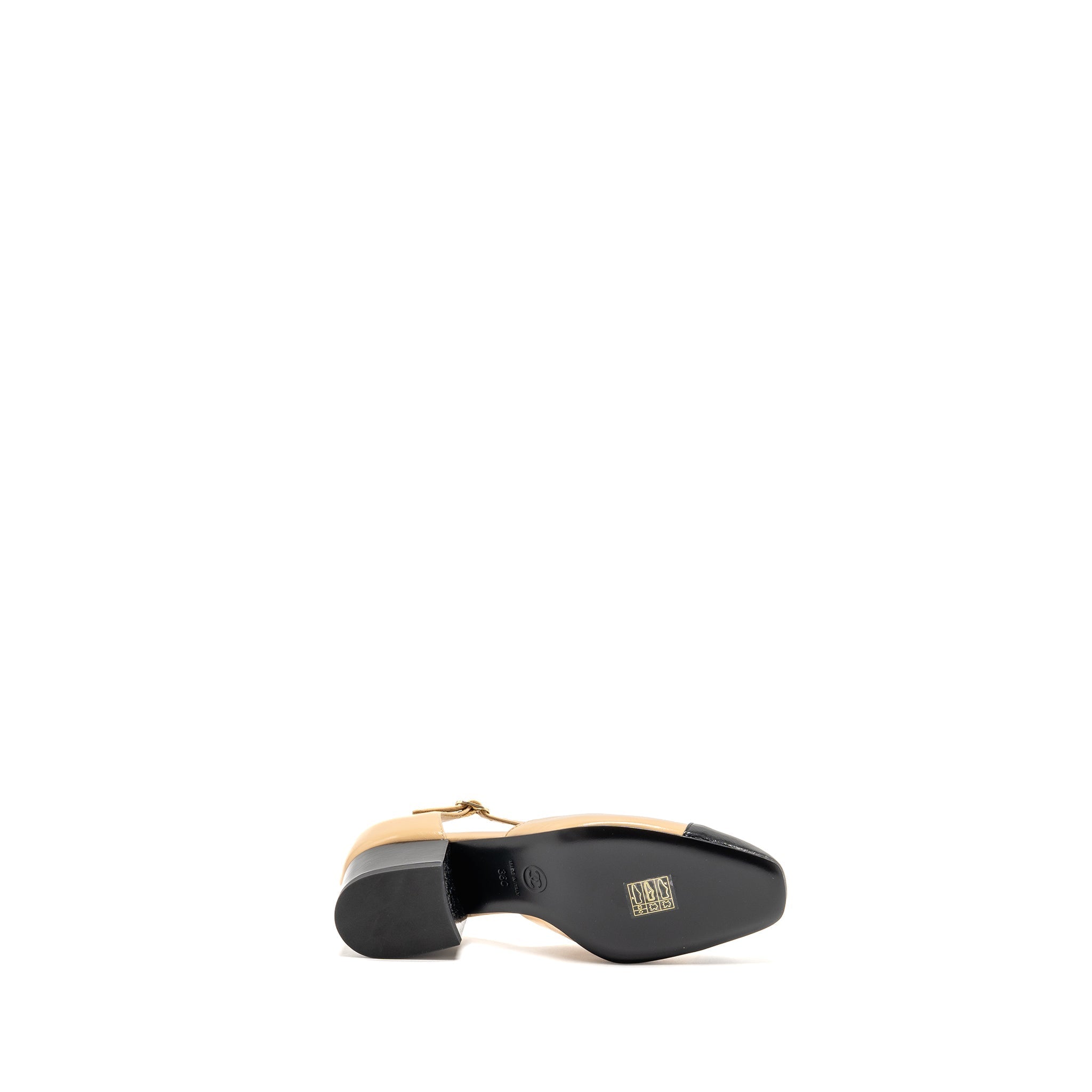 CHANEL 25C MARY JANES SHINY LAMBSKIN BEIGE/BLACK LGHW