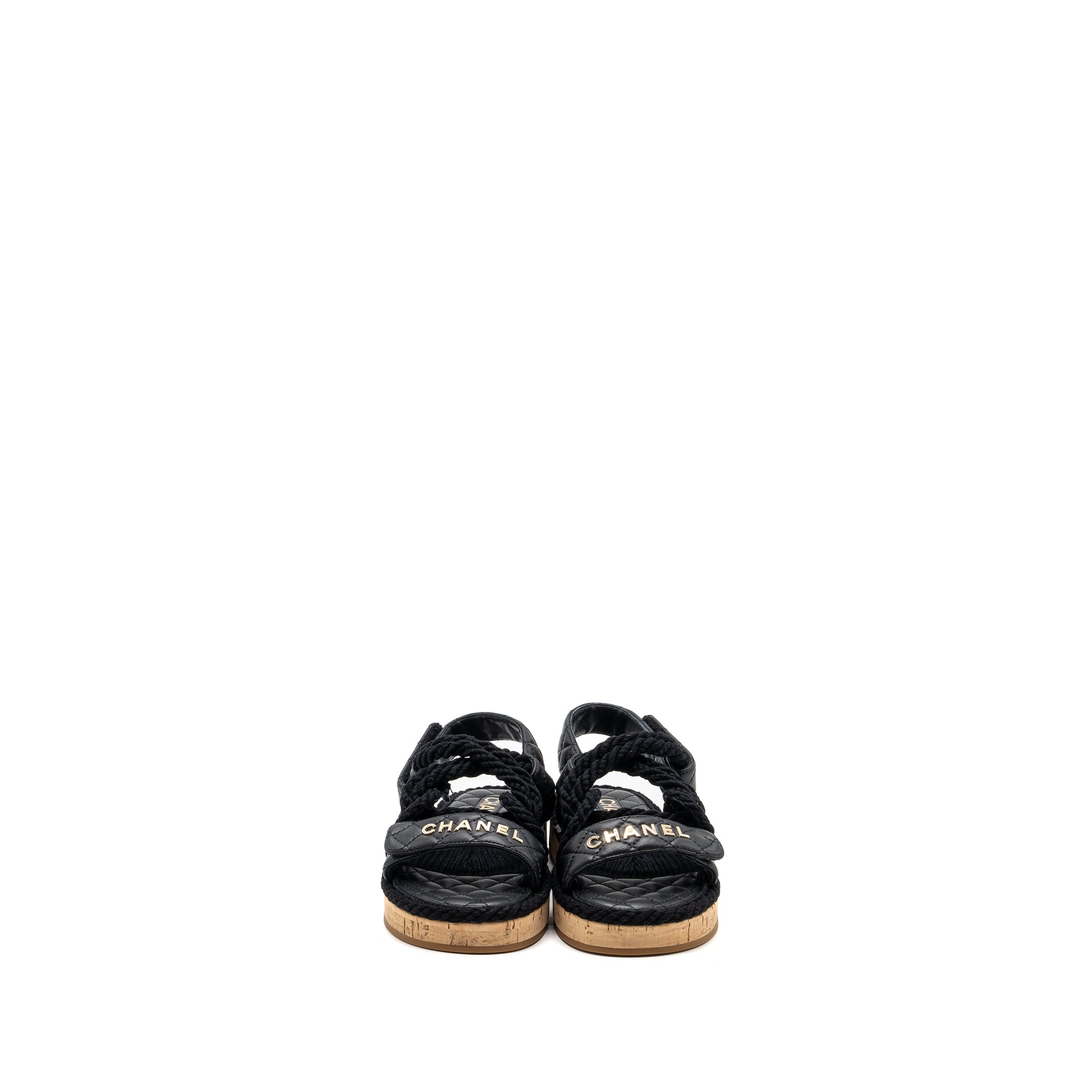 CHANEL 21S QUILTED LETTER SANDALS BLACK SHW