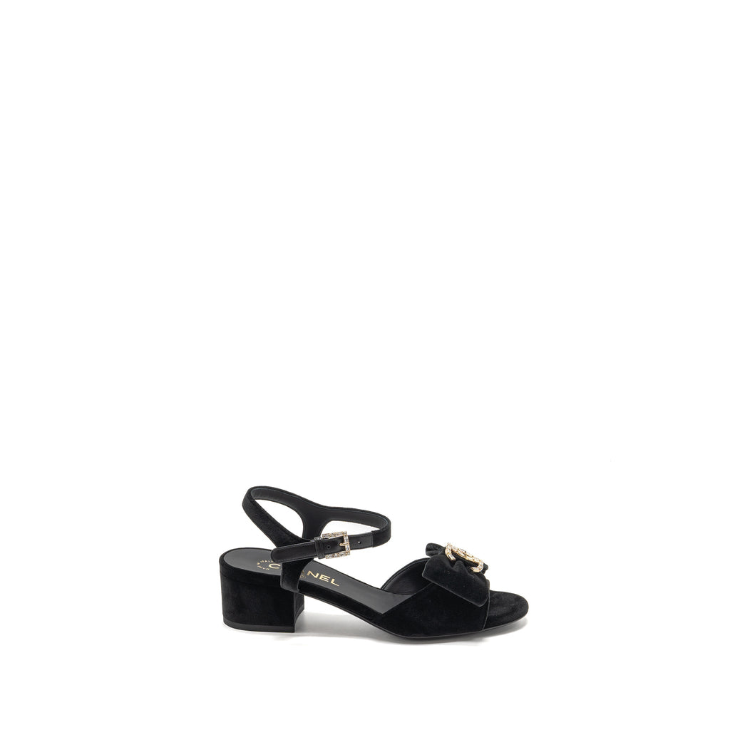 CHANEL 24K CRYSTAL CC LOGO SANDALS VELVET BLACK LGHW