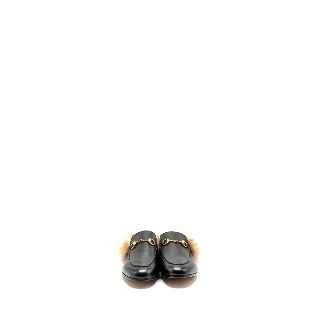 GUCCI HORSEBIT PRINCETOWN FUR SLIPPER LEATHER BLACK GHW