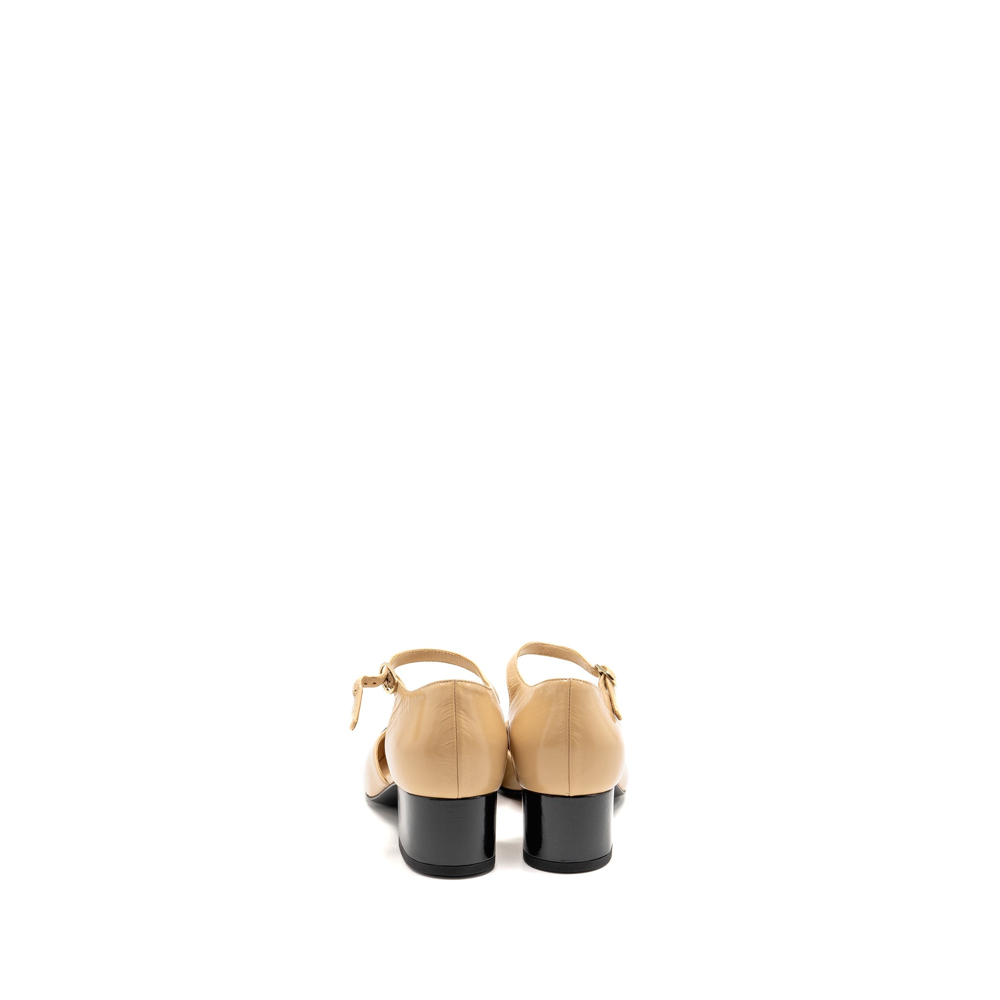 CHANEL 25C MARY JANES SHINY LAMBSKIN BEIGE/BLACK LGHW