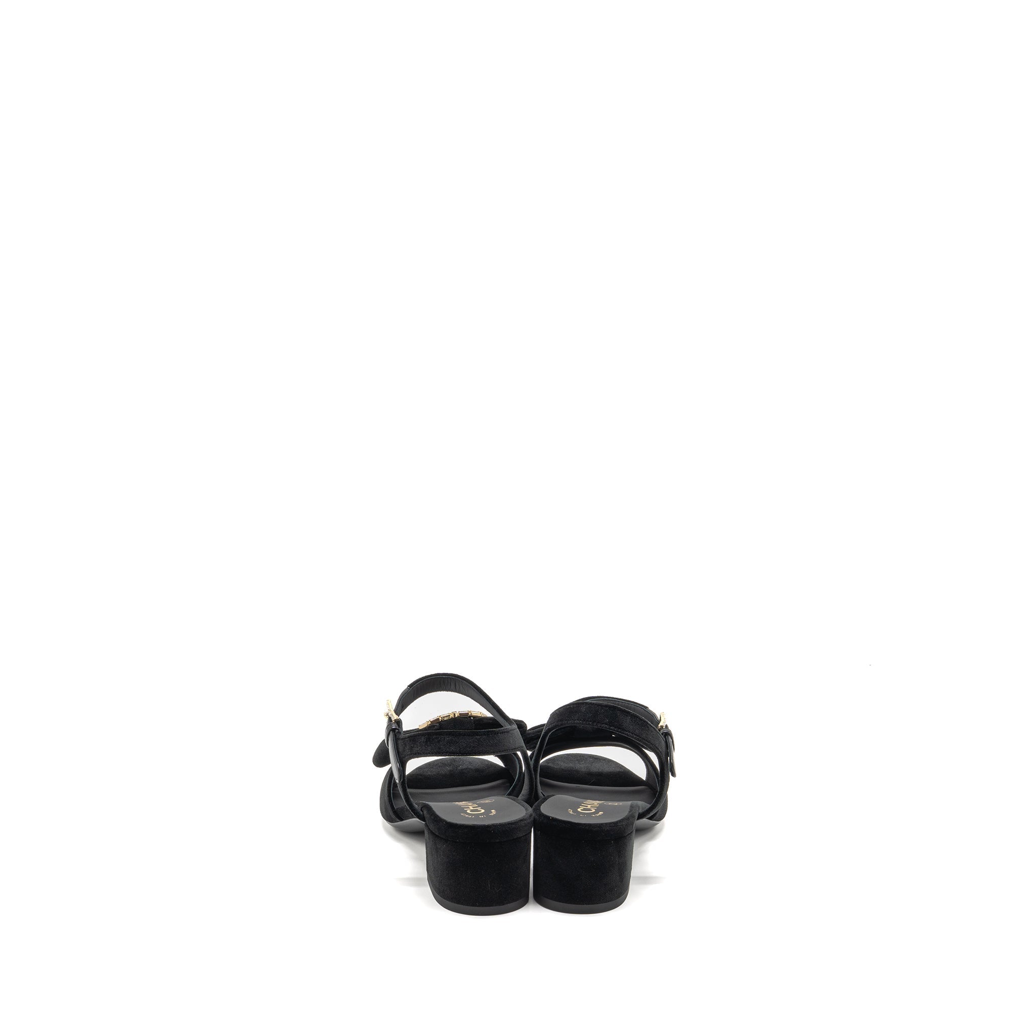 CHANEL 24K CRYSTAL CC LOGO SANDALS VELVET BLACK LGHW
