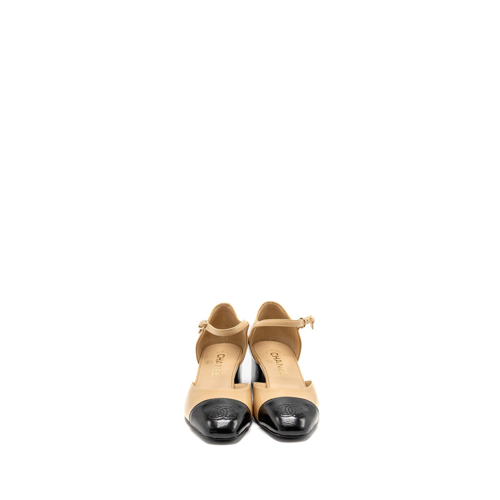 CHANEL 25C MARY JANES SHINY LAMBSKIN BEIGE/BLACK LGHW