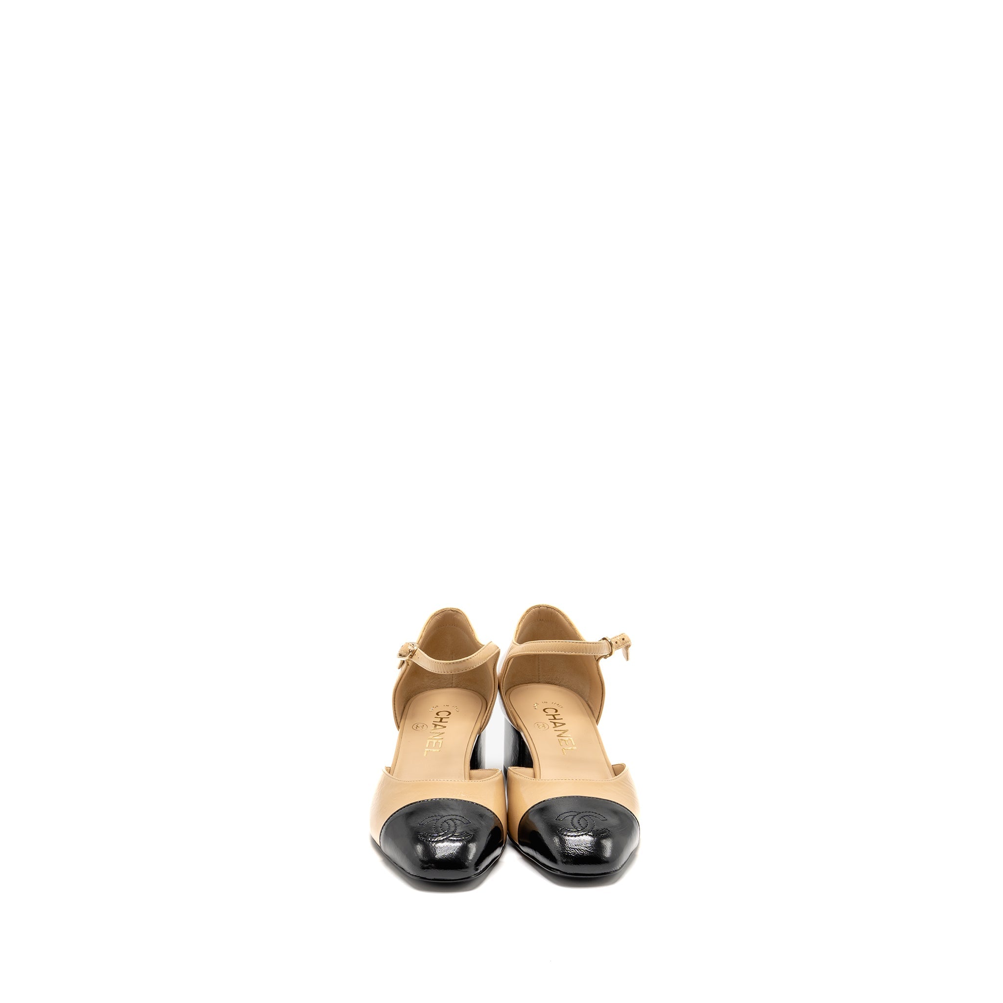 CHANEL 25C MARY JANES SHINY LAMBSKIN BEIGE/BLACK LGHW