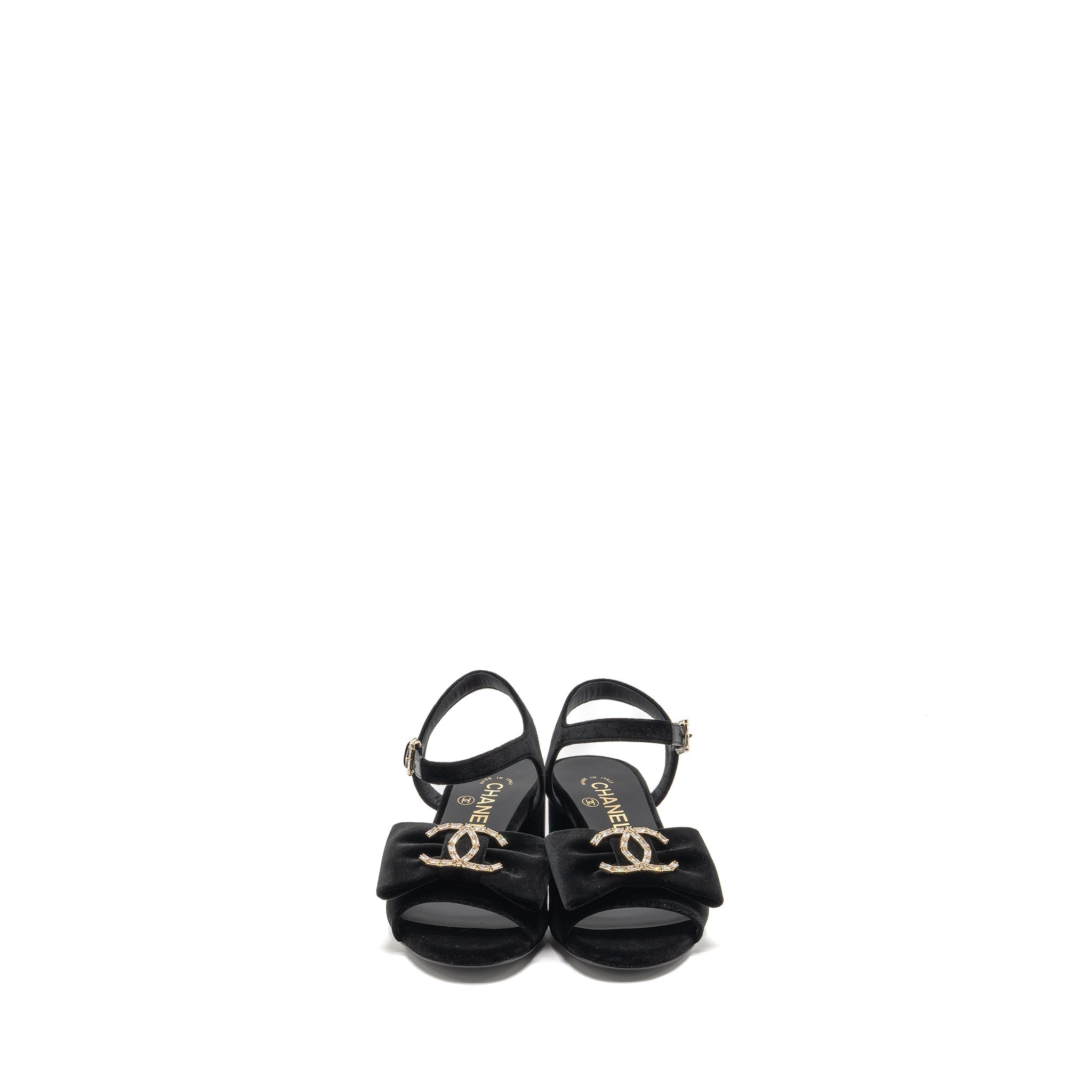 CHANEL 24K CRYSTAL CC LOGO SANDALS VELVET BLACK LGHW