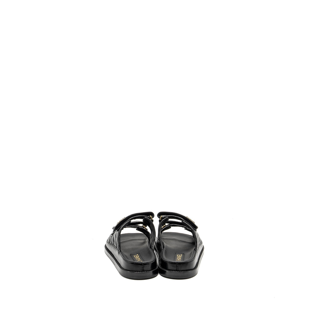 CHANEL CC LOGO DAD SANDALS LEATHER BLACK LIGHT GOLD TONE