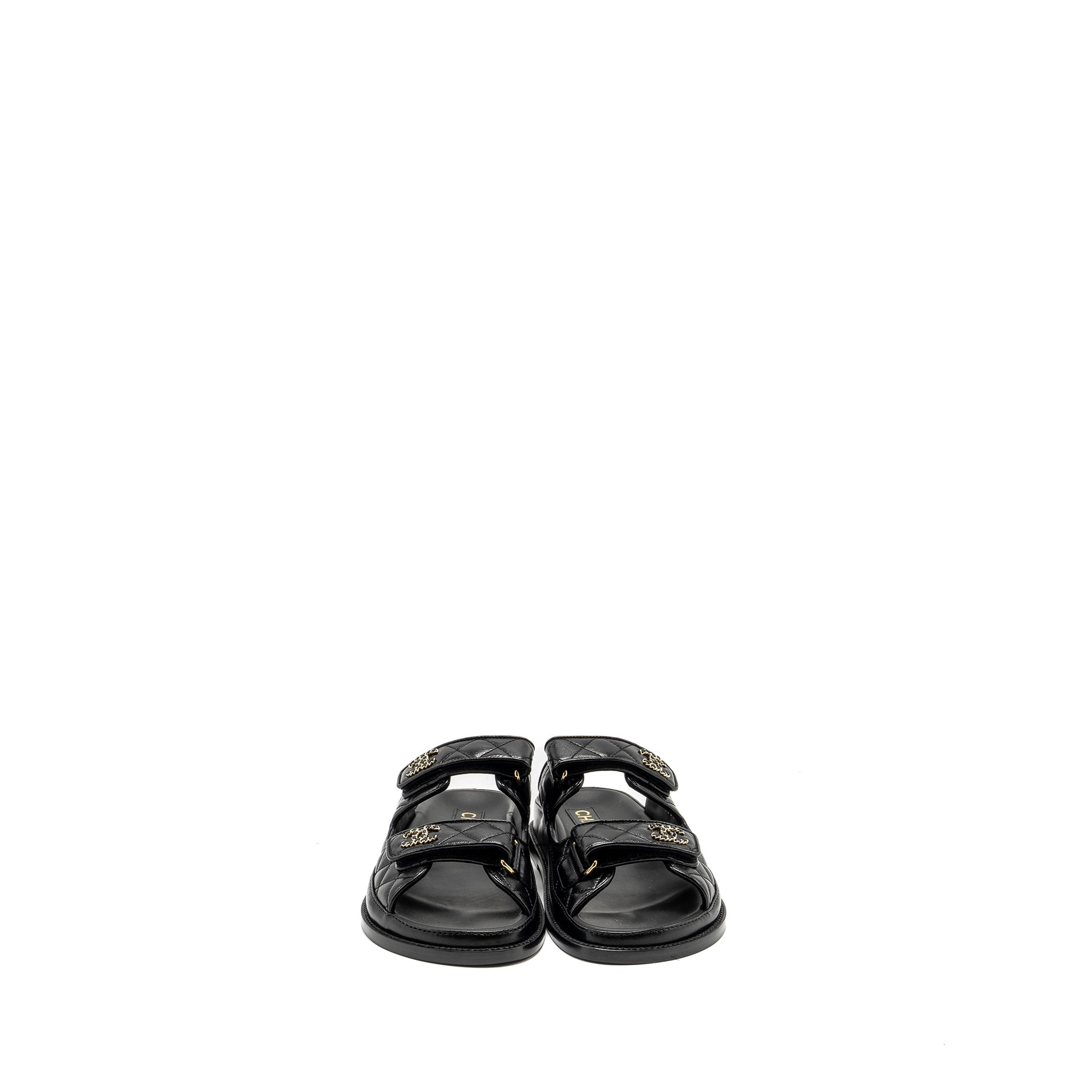 CHANEL CC LOGO DAD SANDALS LEATHER BLACK LIGHT GOLD TONE