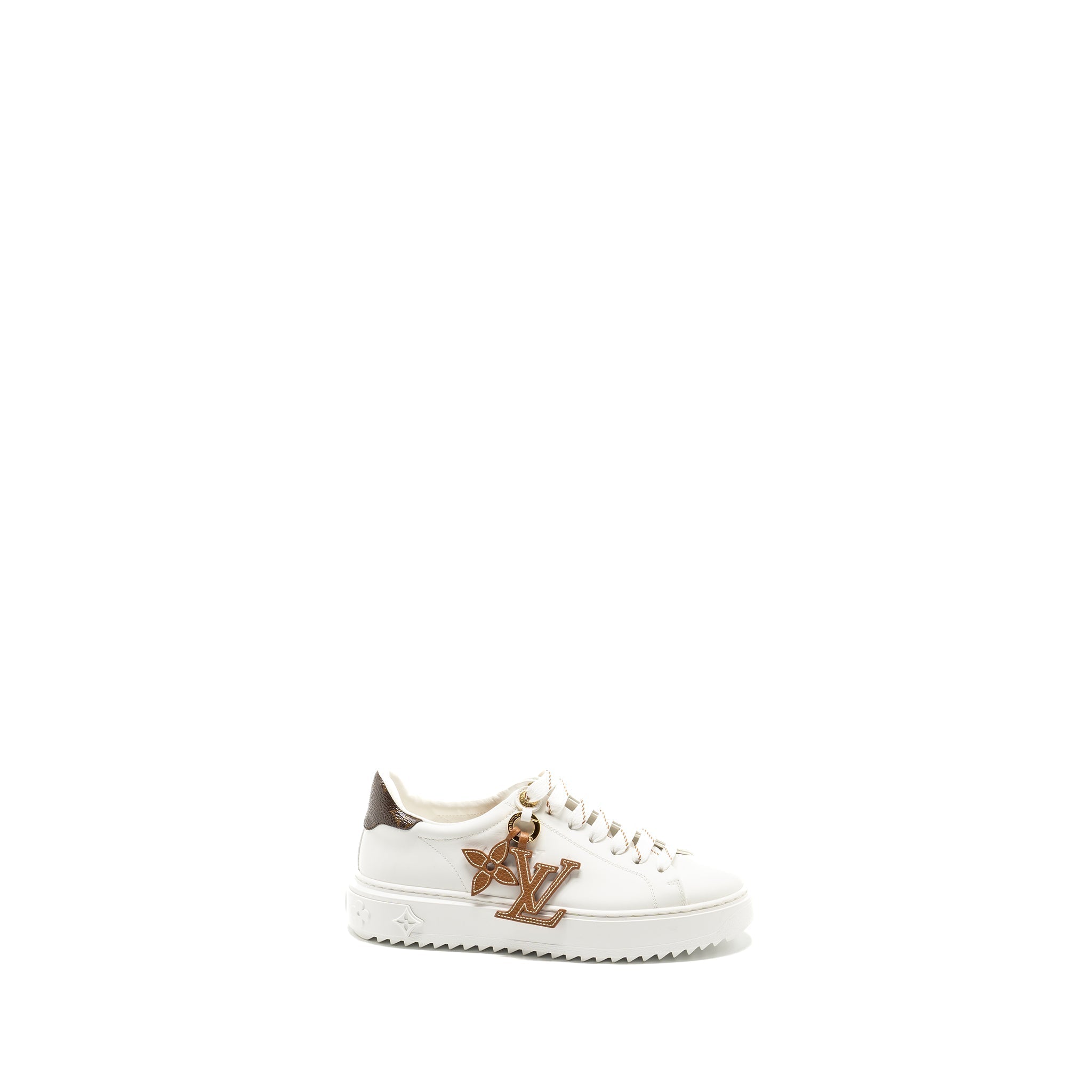 LOUIS VUITTON TIME OUT SNEAKER WITH MONOGRAM AND FLOWER CHARM CALFSKIN WHITE GHW