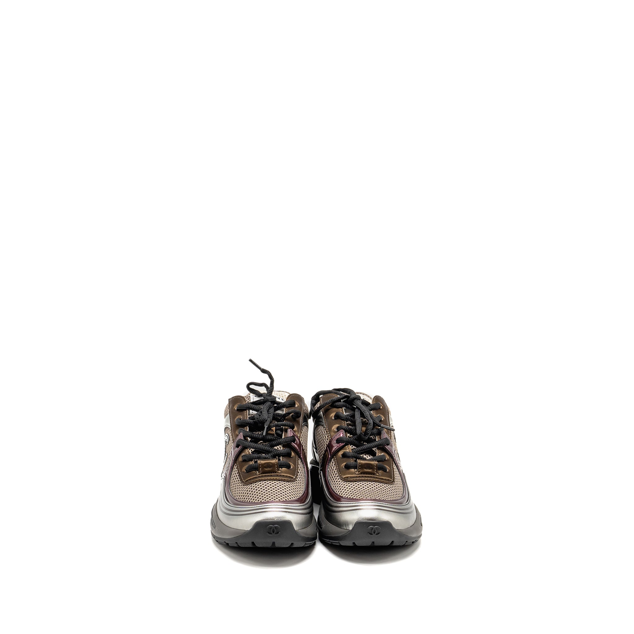 CHANEL 23A CC LOGO SNEAKERS FABRIC/LAMINATED KHAKI/SILVER/DARK PURPLE