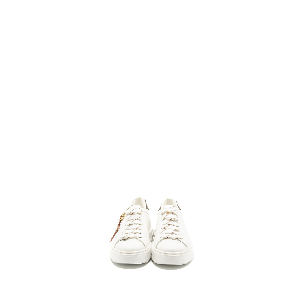 LOUIS VUITTON TIME OUT SNEAKER WITH MONOGRAM AND FLOWER CHARM CALFSKIN WHITE GHW