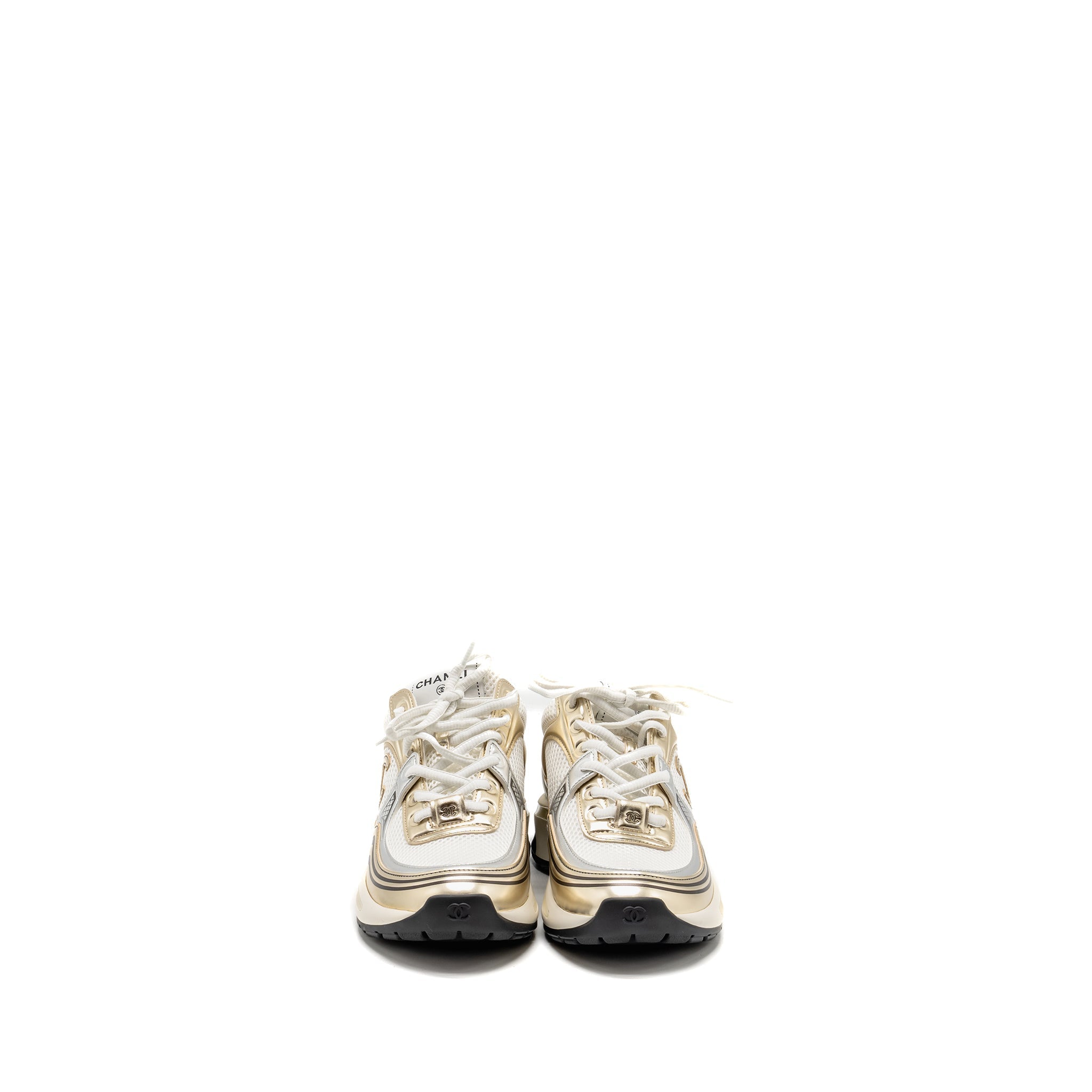 CHANEL CC SNEAKERS FABRIC/LAMINATED WHITE/GOLD/SILVER