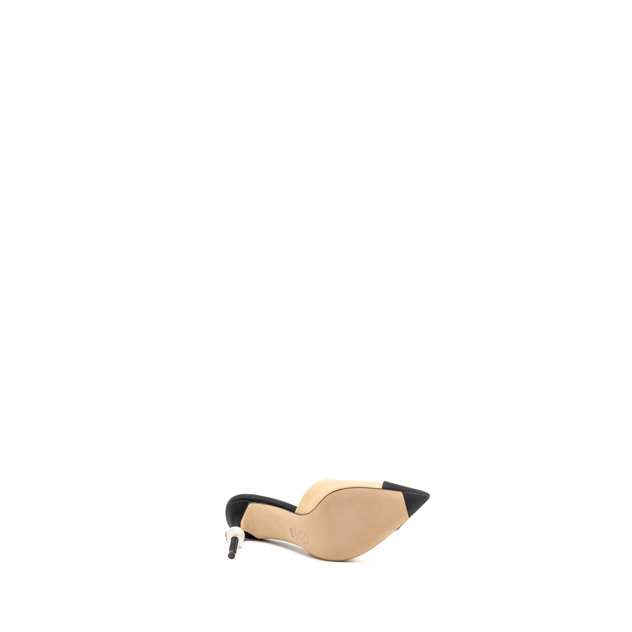 CHANEL PEARL HEEL MULE LEATHER BEIGE/BLACK