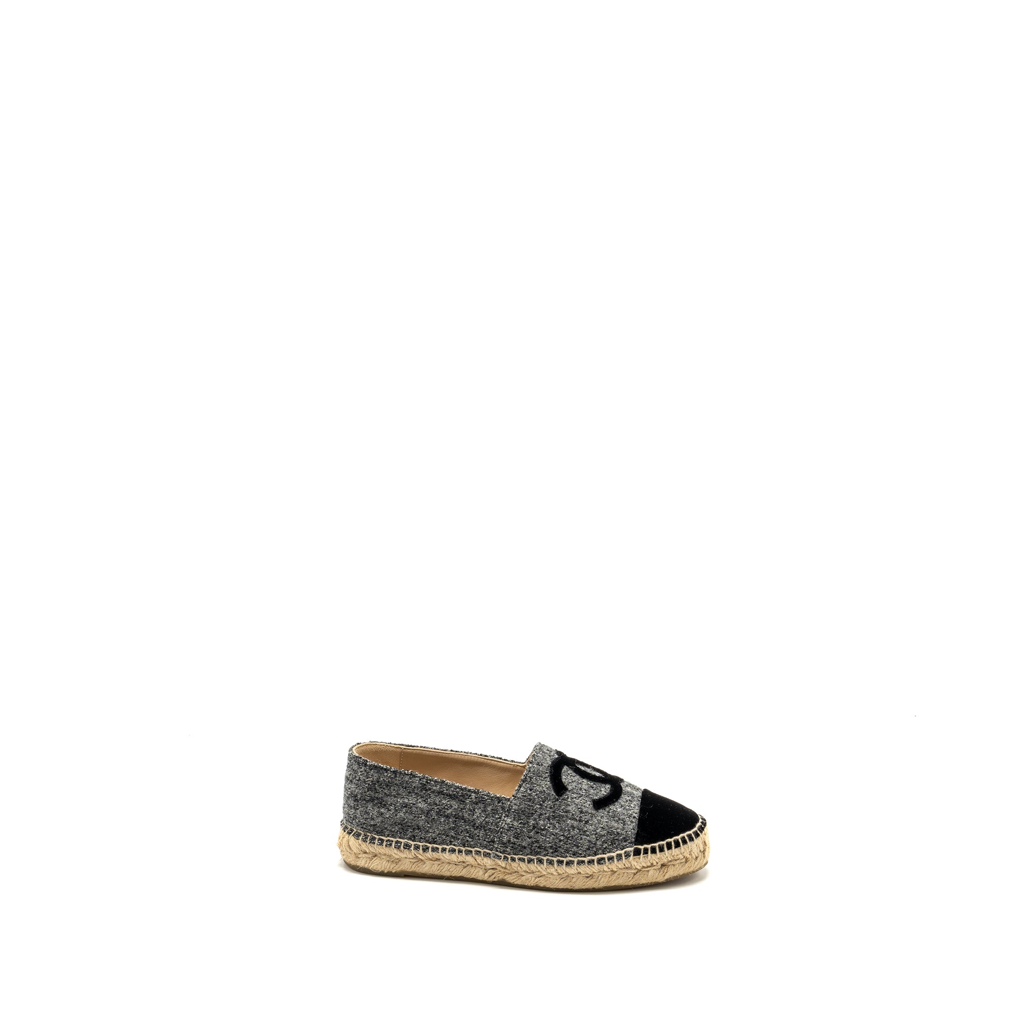 CHANEL 16A CC LOGO ESPADRILLES TWEED/VELVET GREY/BLACK