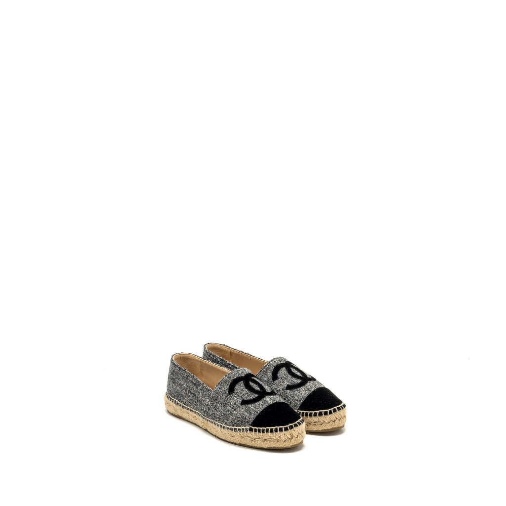 CHANEL 16A CC LOGO ESPADRILLES TWEED/VELVET GREY/BLACK
