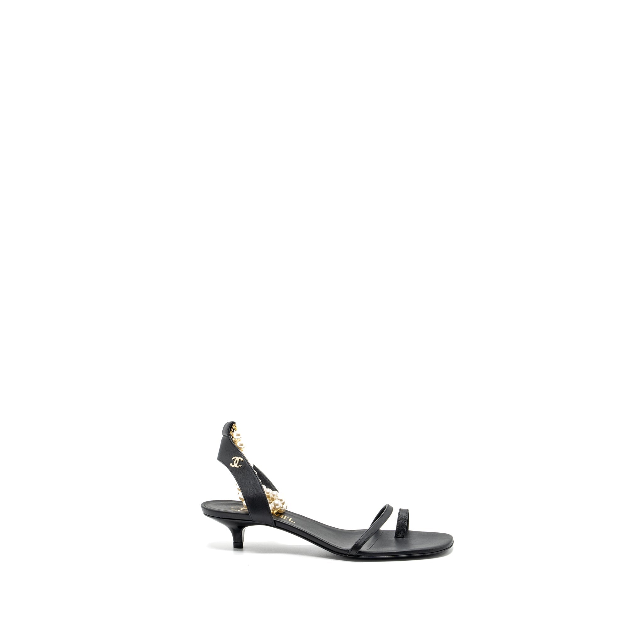 CHANEL HEEL SANDALS WITH PEARL LEATHER BLACK GHW