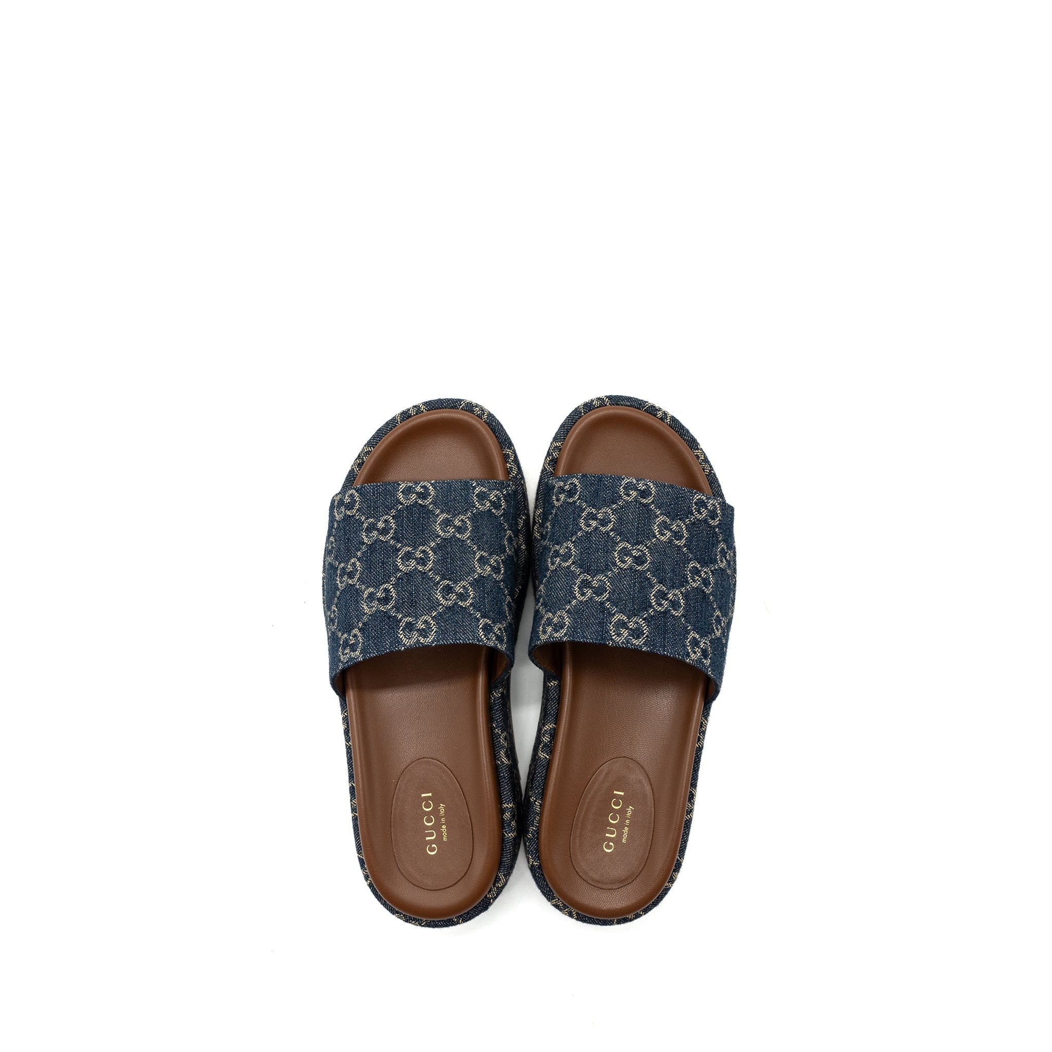 GUCCI PLATFORM SLIDE SANDALS GG SUPREME BLUE DENIM