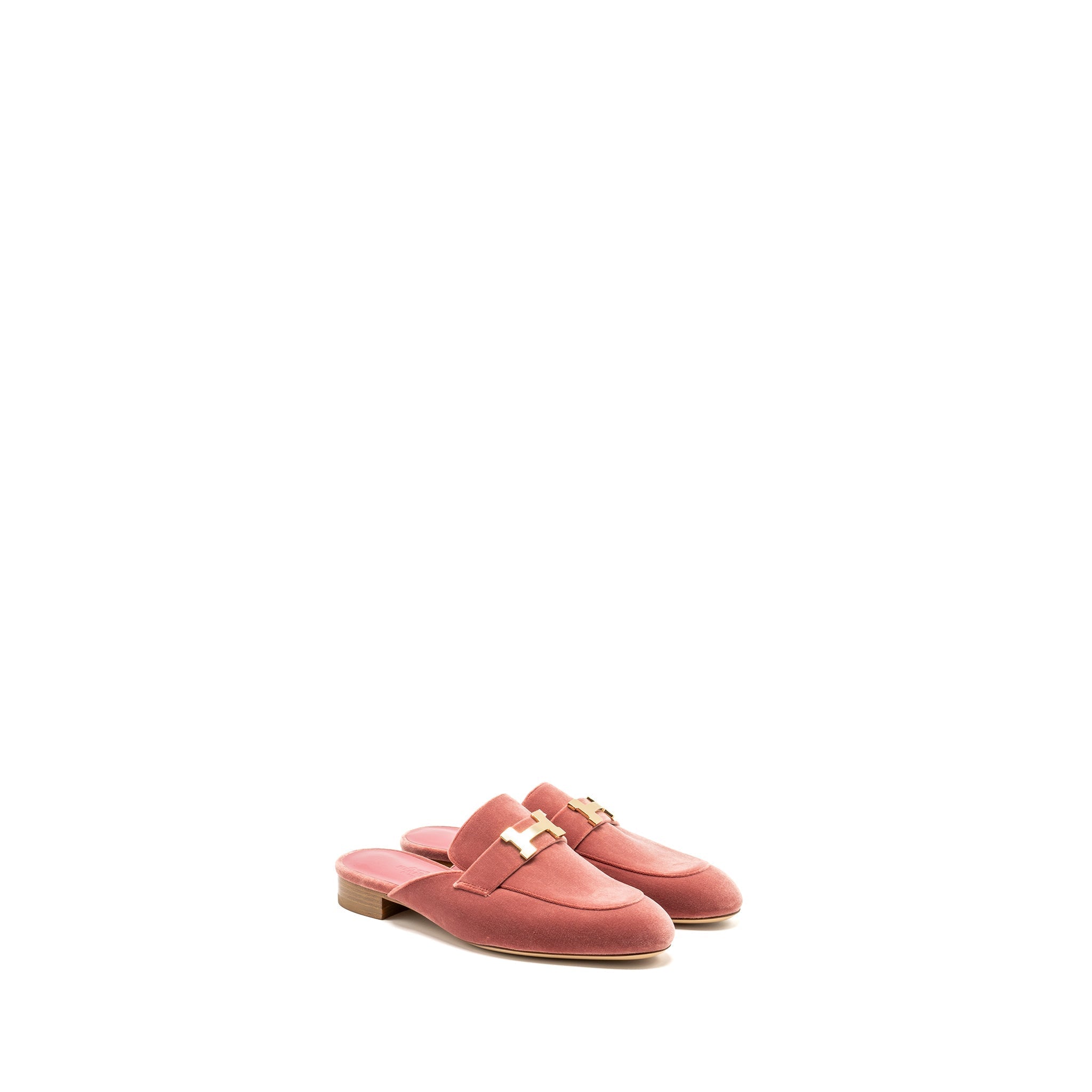 HERMES TROCADERO H LOGO BUCKLE MULE SLIDES VELVET ROSE POUDRE GHW