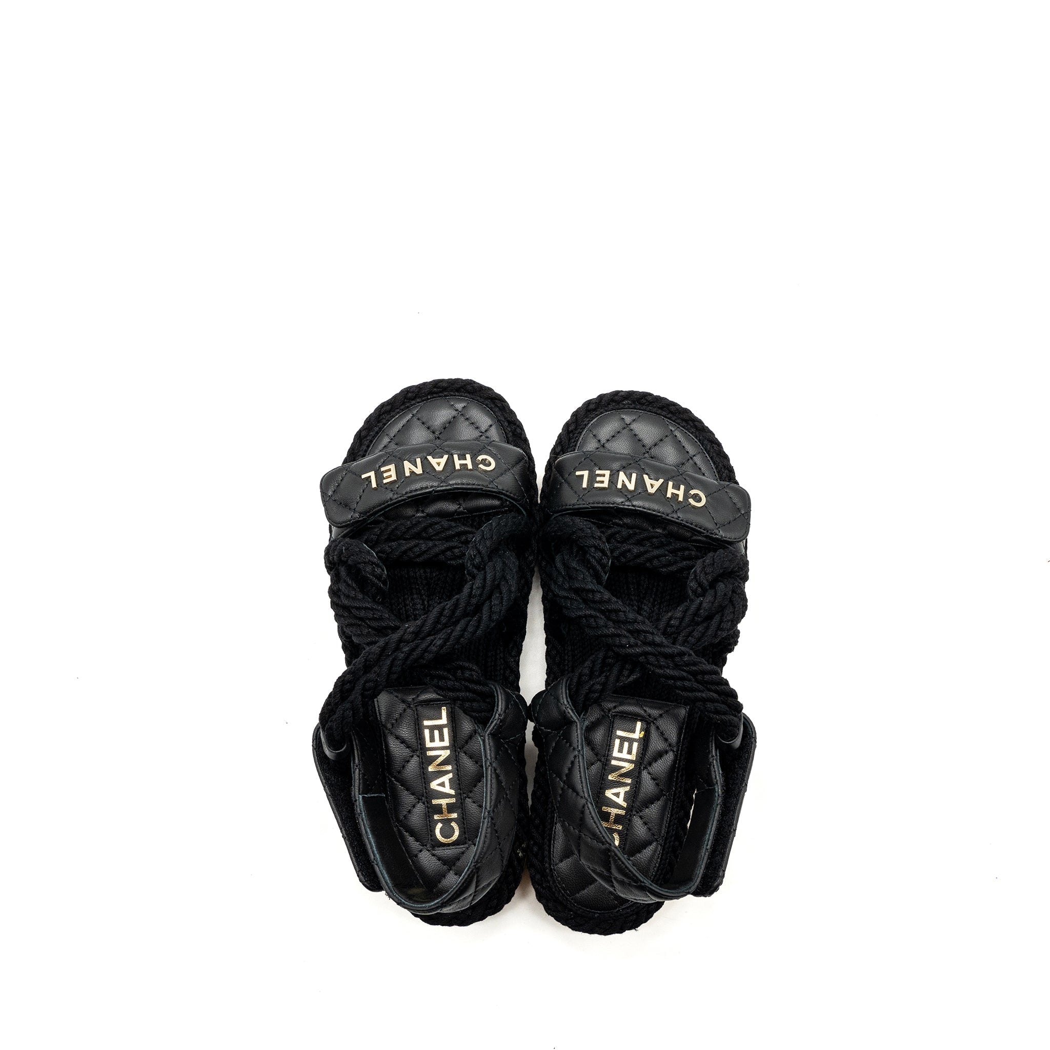 CHANEL 21S QUILTED LETTER SANDALS BLACK SHW