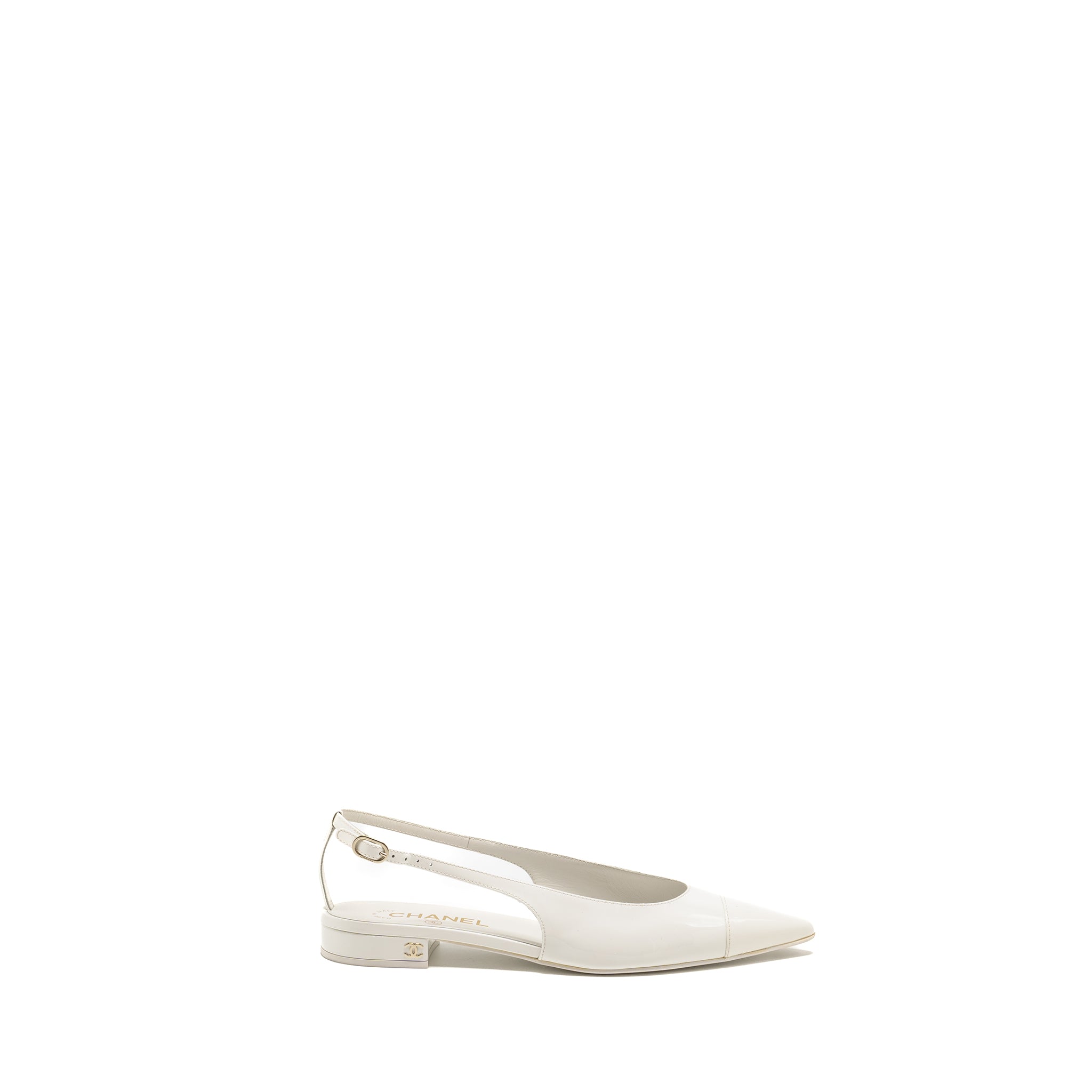 CHANEL 23K SLINGBACKS PATENT CALFSKIN WHITE LGHW