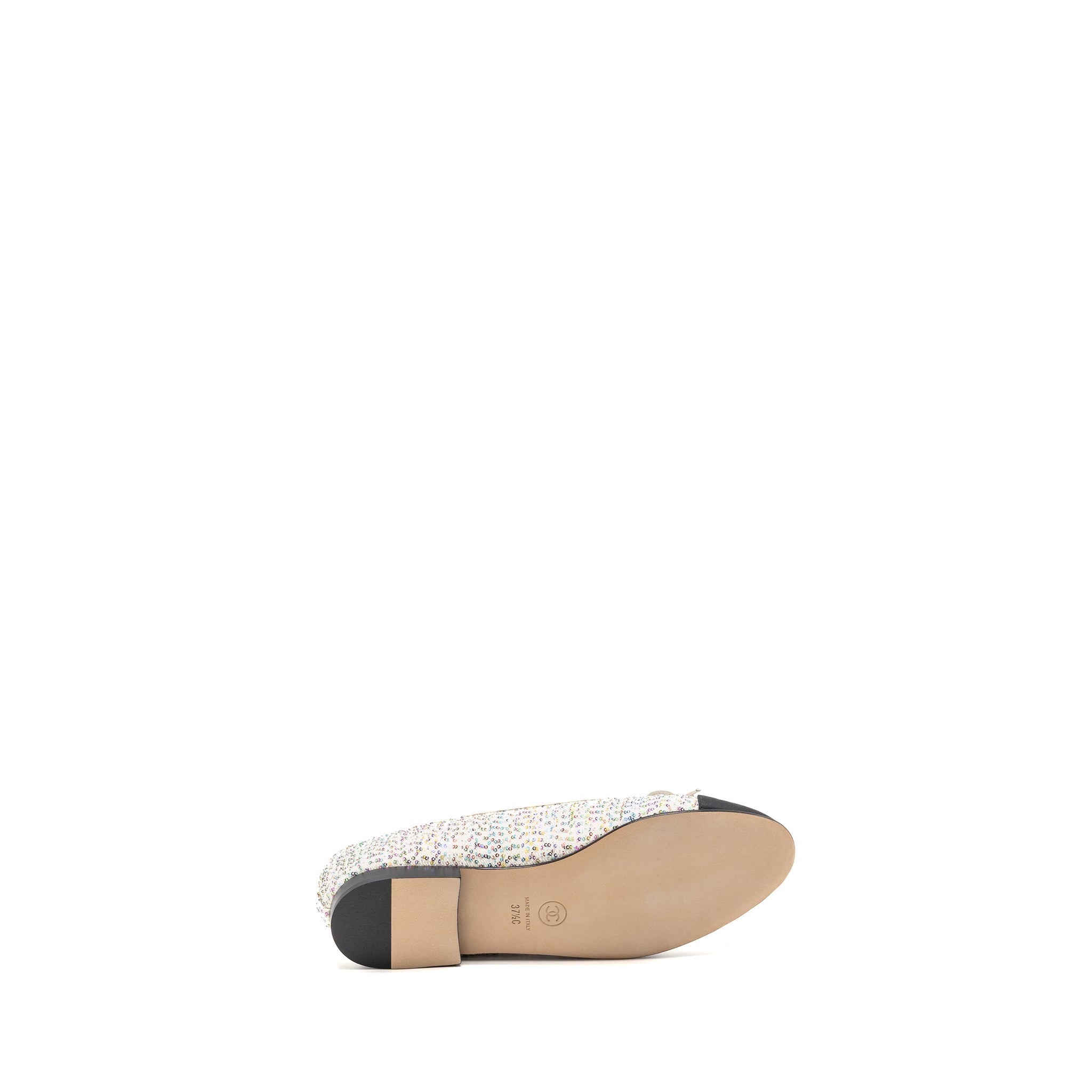 CHANEL 23C BALLERINAS FLAT SHOES GLITTERED FABRIC/GROSGRAIN WHITE/MULTICOLOUR/BLACK