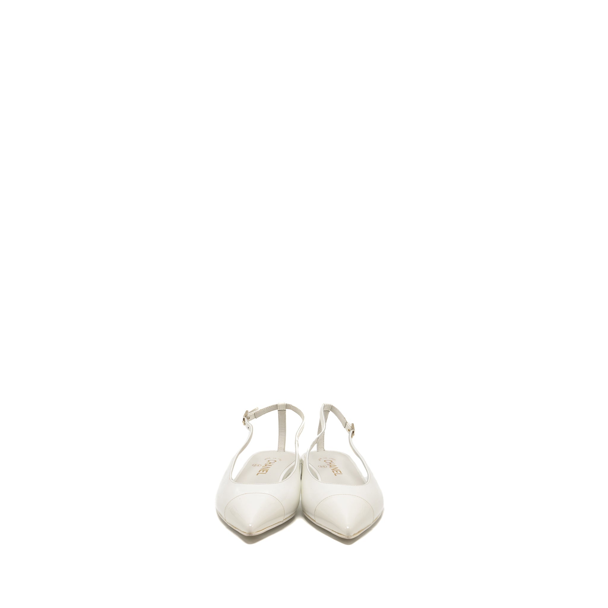 CHANEL 23K SLINGBACKS PATENT CALFSKIN WHITE LGHW